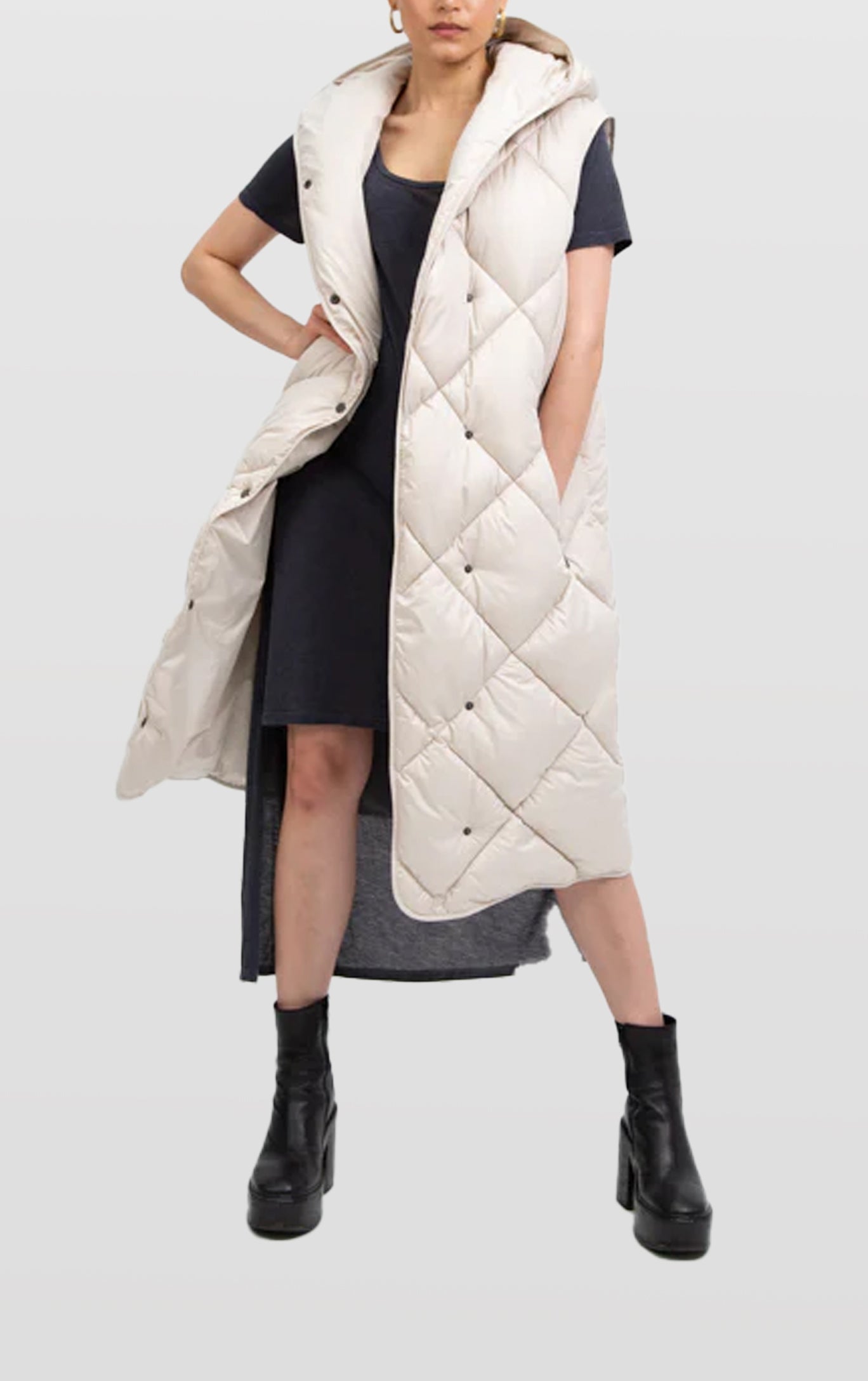 Penzance Beige Long Sleeveless Puffer Jacket