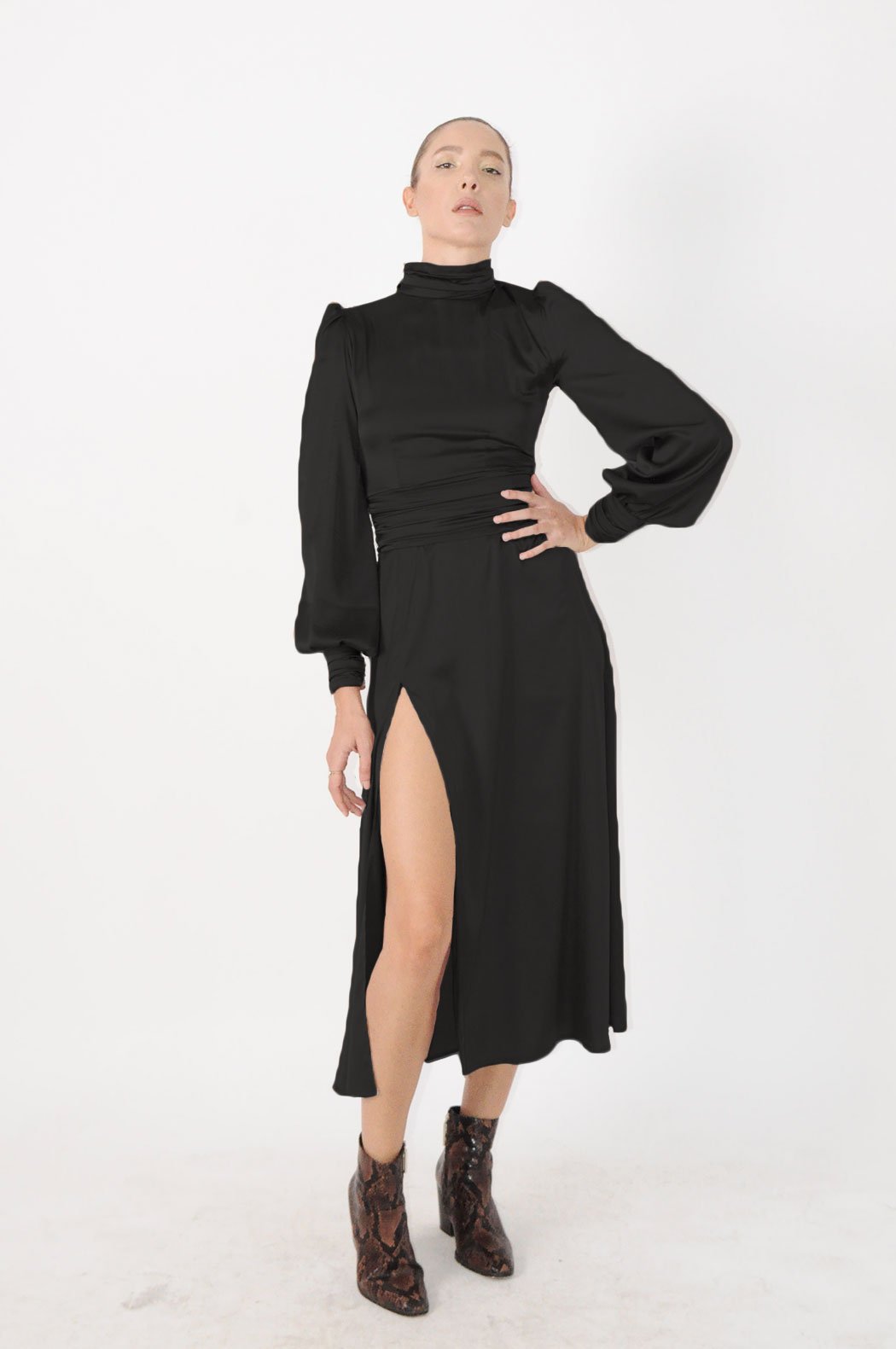 Turtleneck midi dress with bishop sleeves and ruched details