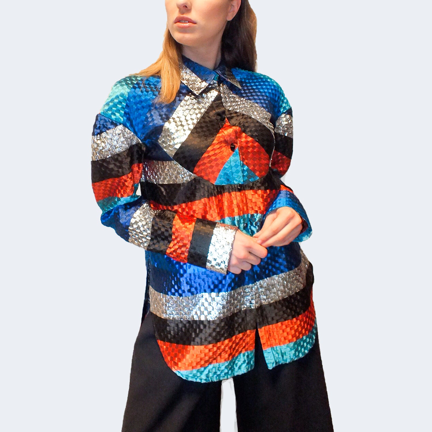 Silk Stripe Open Weave Jacquard Blouse