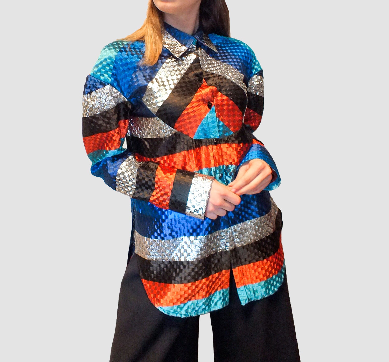Silk Stripe Open Weave Jacquard Blouse