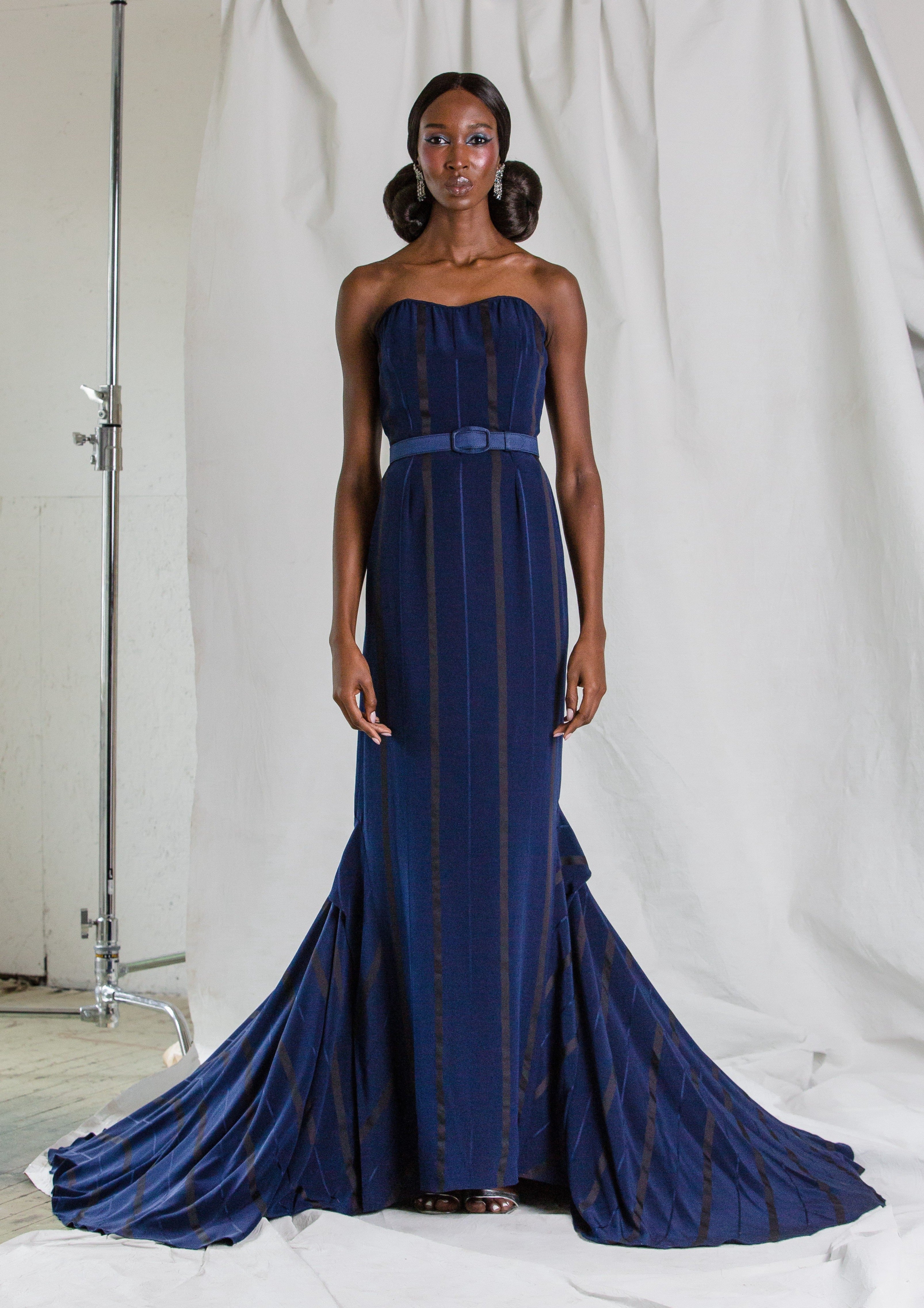 Navy Pinstripe Silk Burnout Belted Strapless Gown
