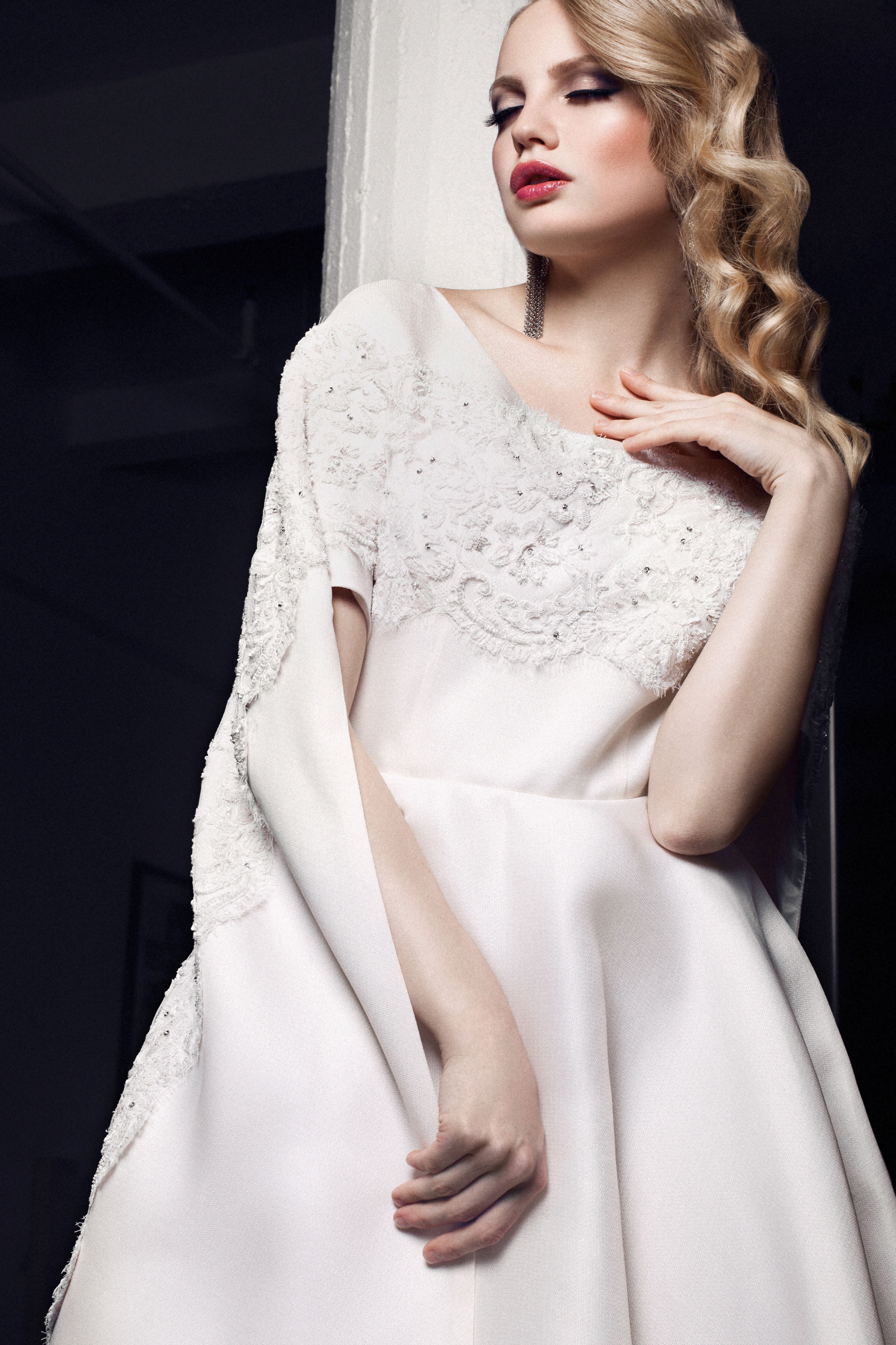 Sustainable Fashion | CELESTINO | Couture | Hudson Valley | Hudson New York | White | Basket Woven Organza | Cape | Bridal Gown | Beaded | French Chantilly Lace | Train