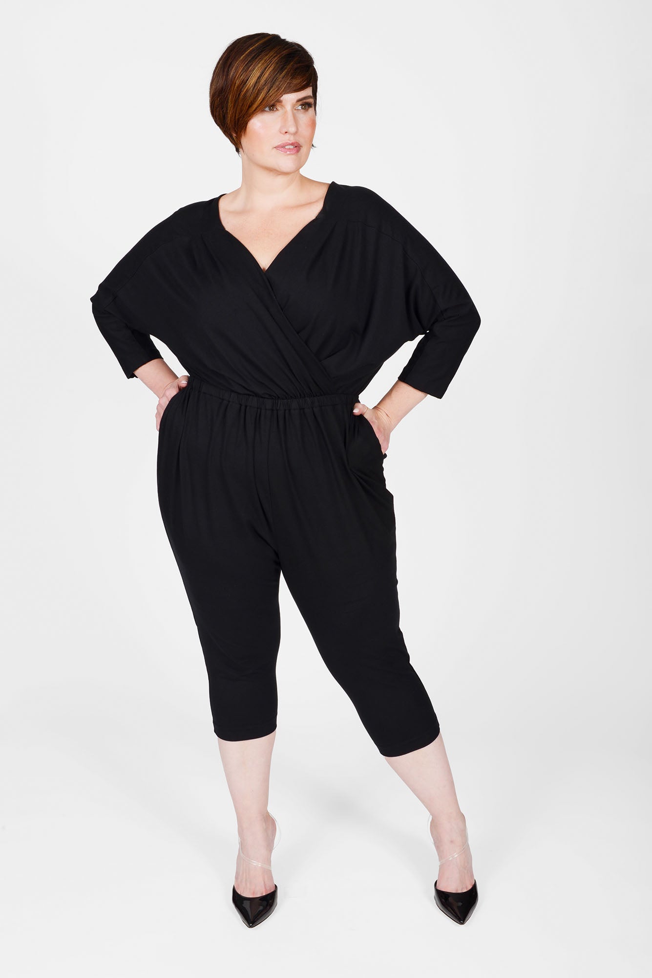 Mayes NYC Alex Back to Front Reversible Jumpsuit Solid color black worn by model Max