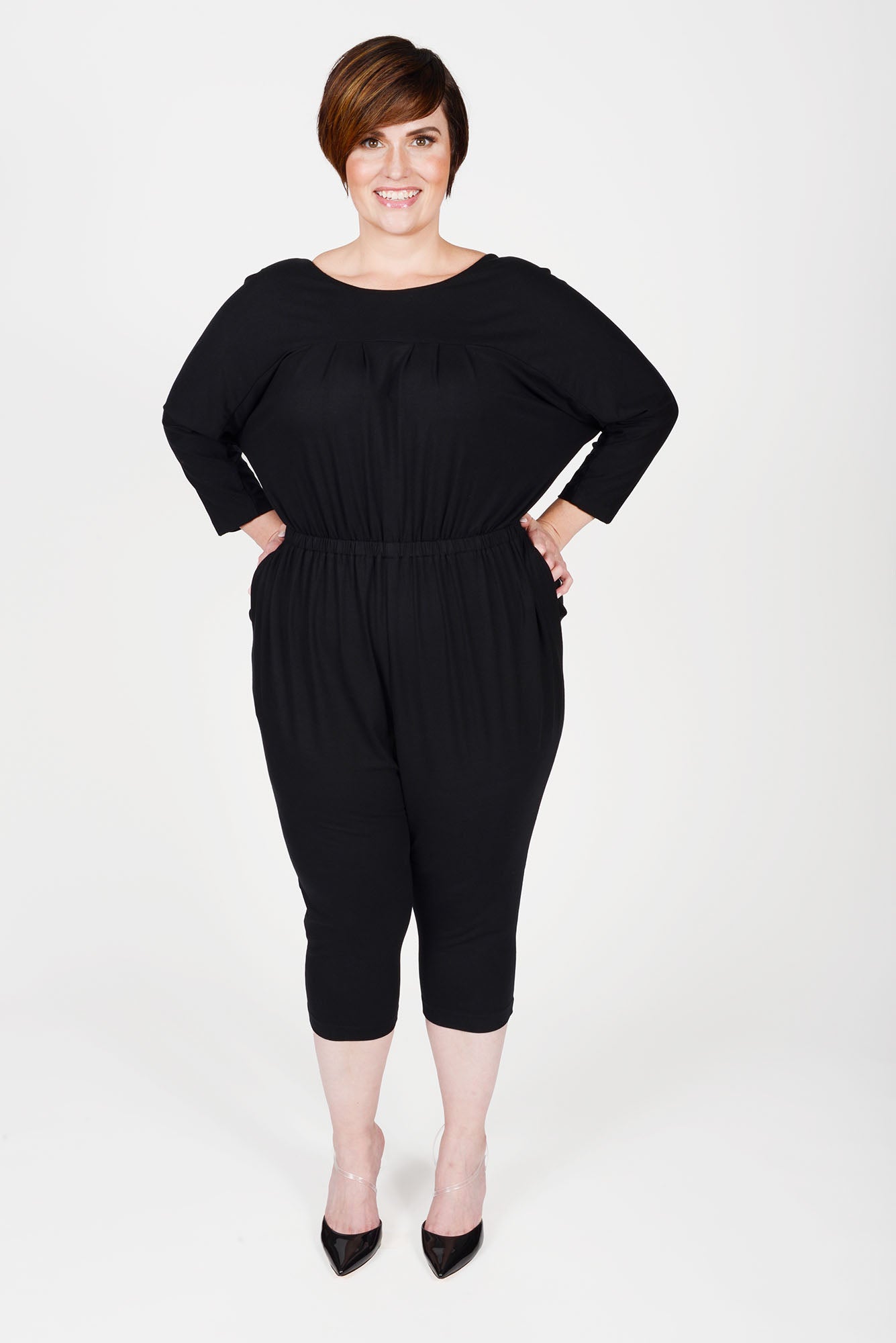 Mayes NYC Alex Back to Front Reversible Jumpsuit Solid color black worn by model Max