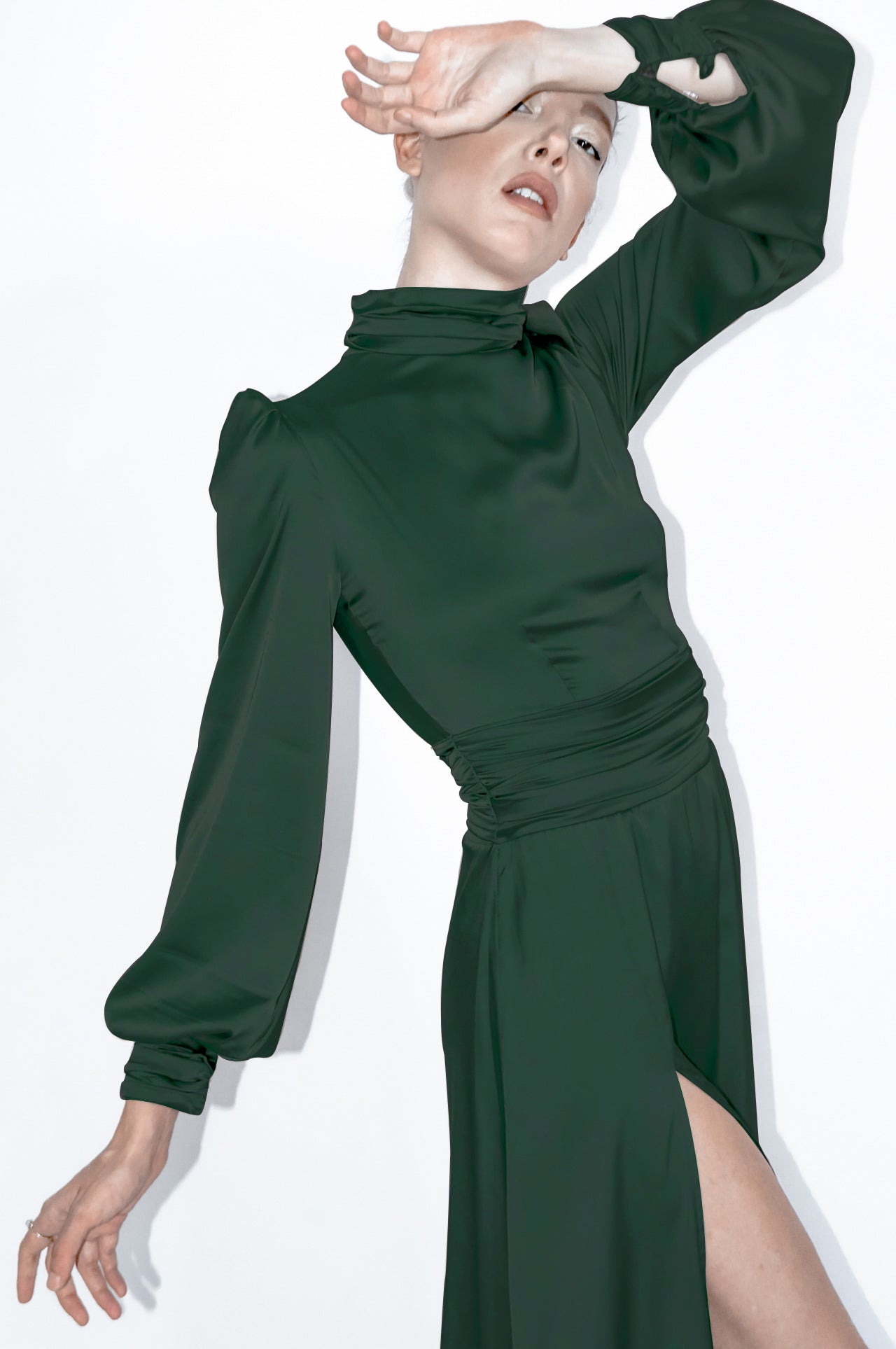 Turtleneck midi dress with bishop sleeves and ruched details
