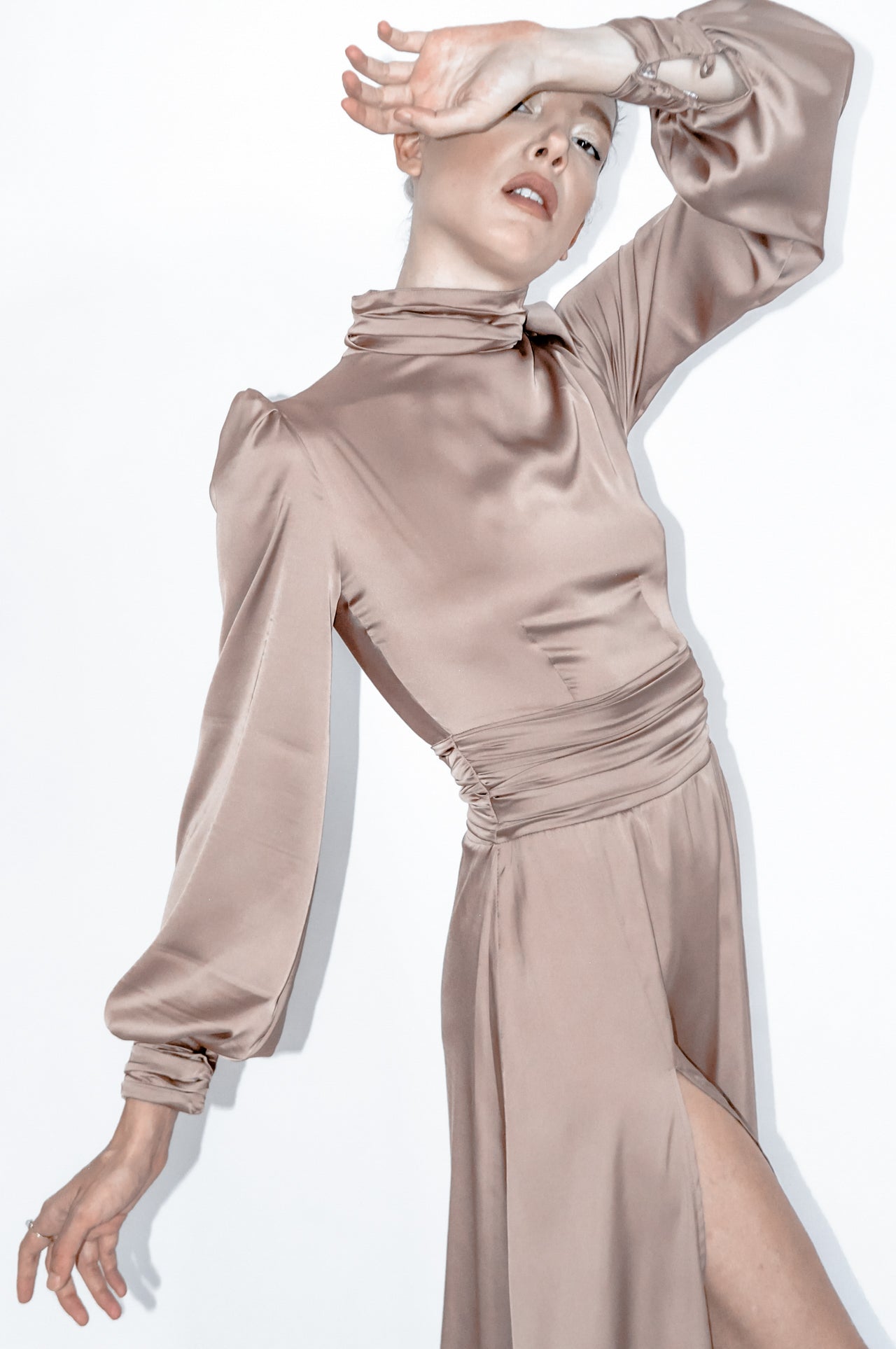 Turtleneck midi dress with bishop sleeves and ruched details