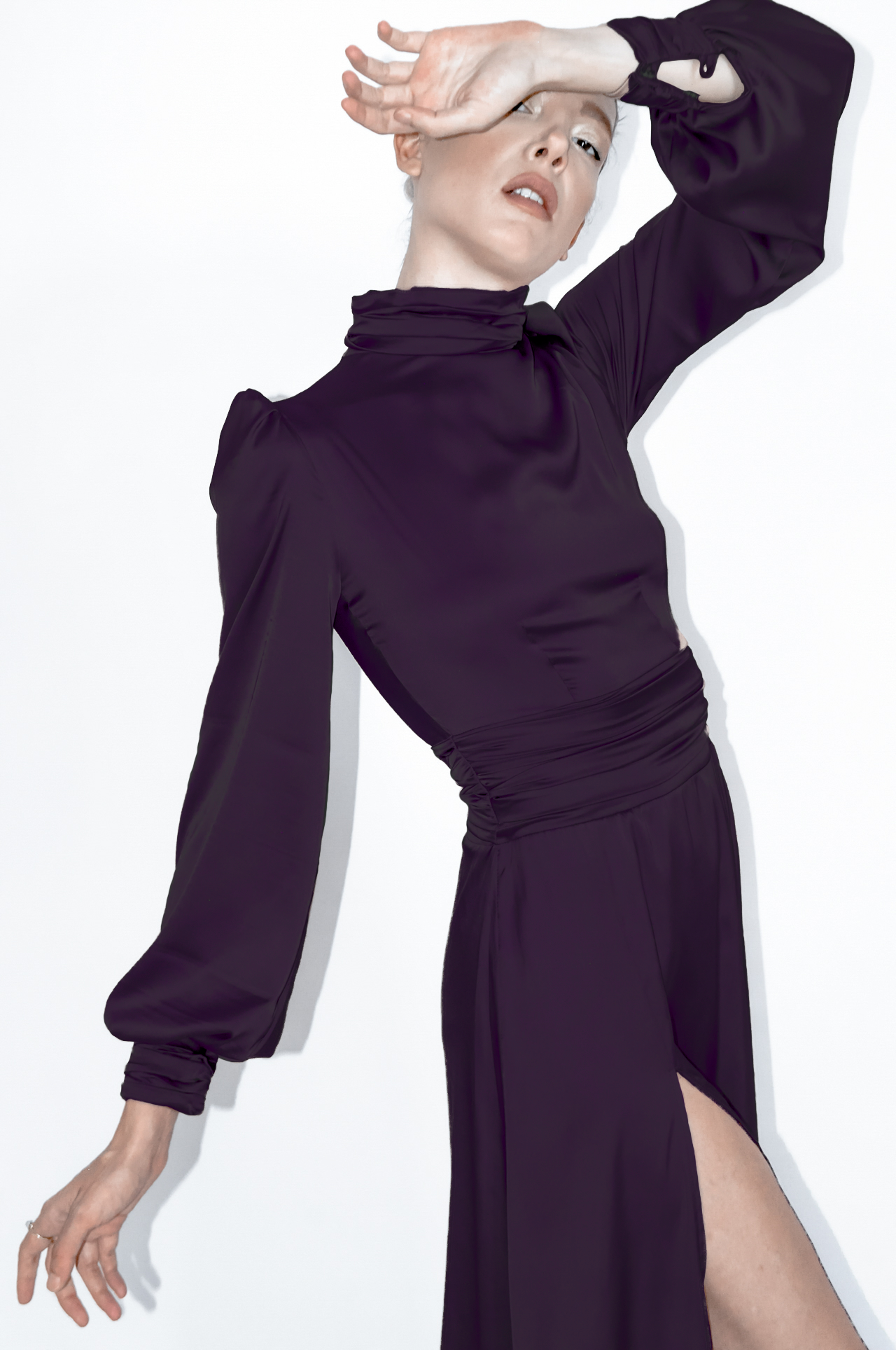 Turtleneck midi dress with bishop sleeves and ruched details