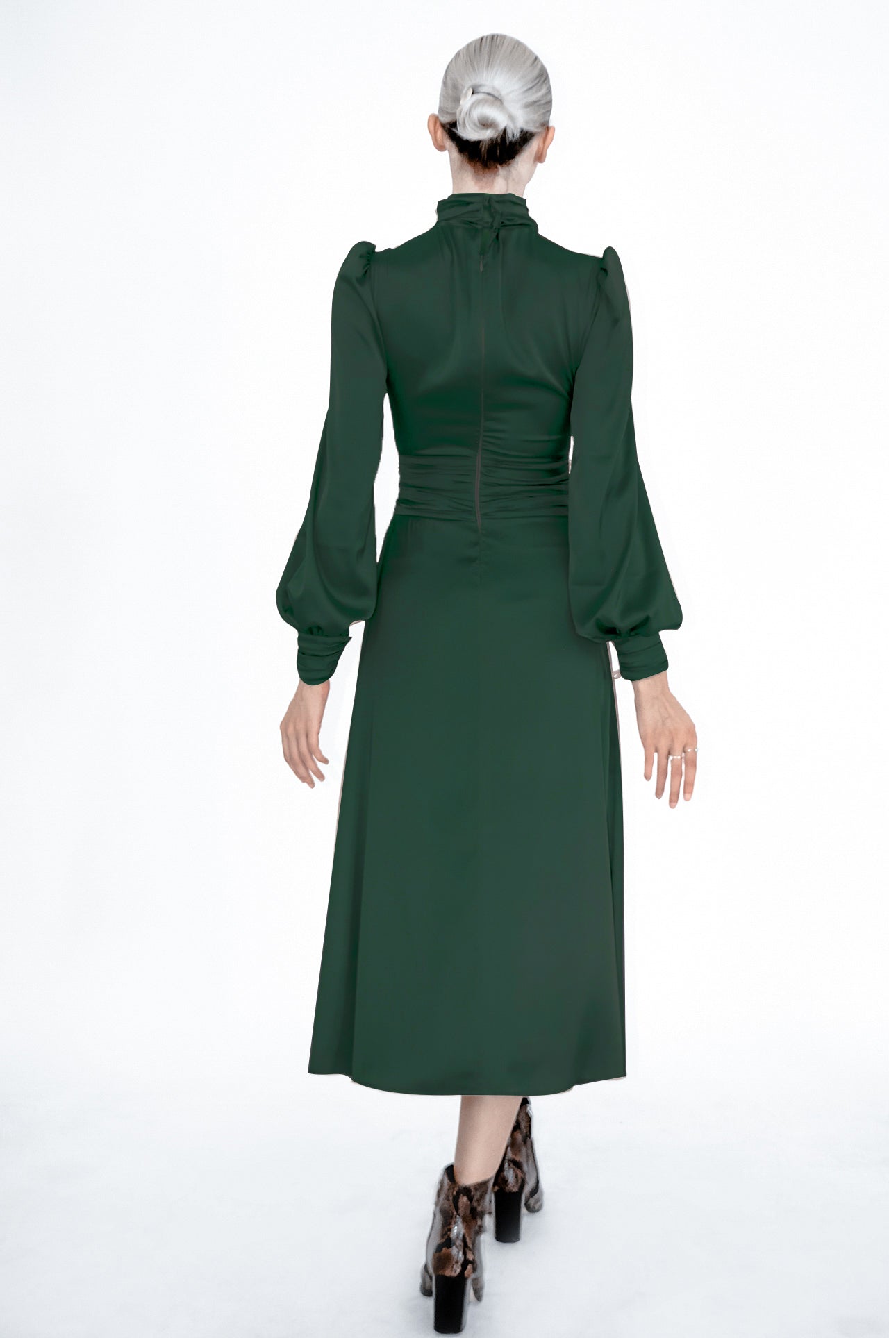 Turtleneck midi dress with bishop sleeves and ruched details