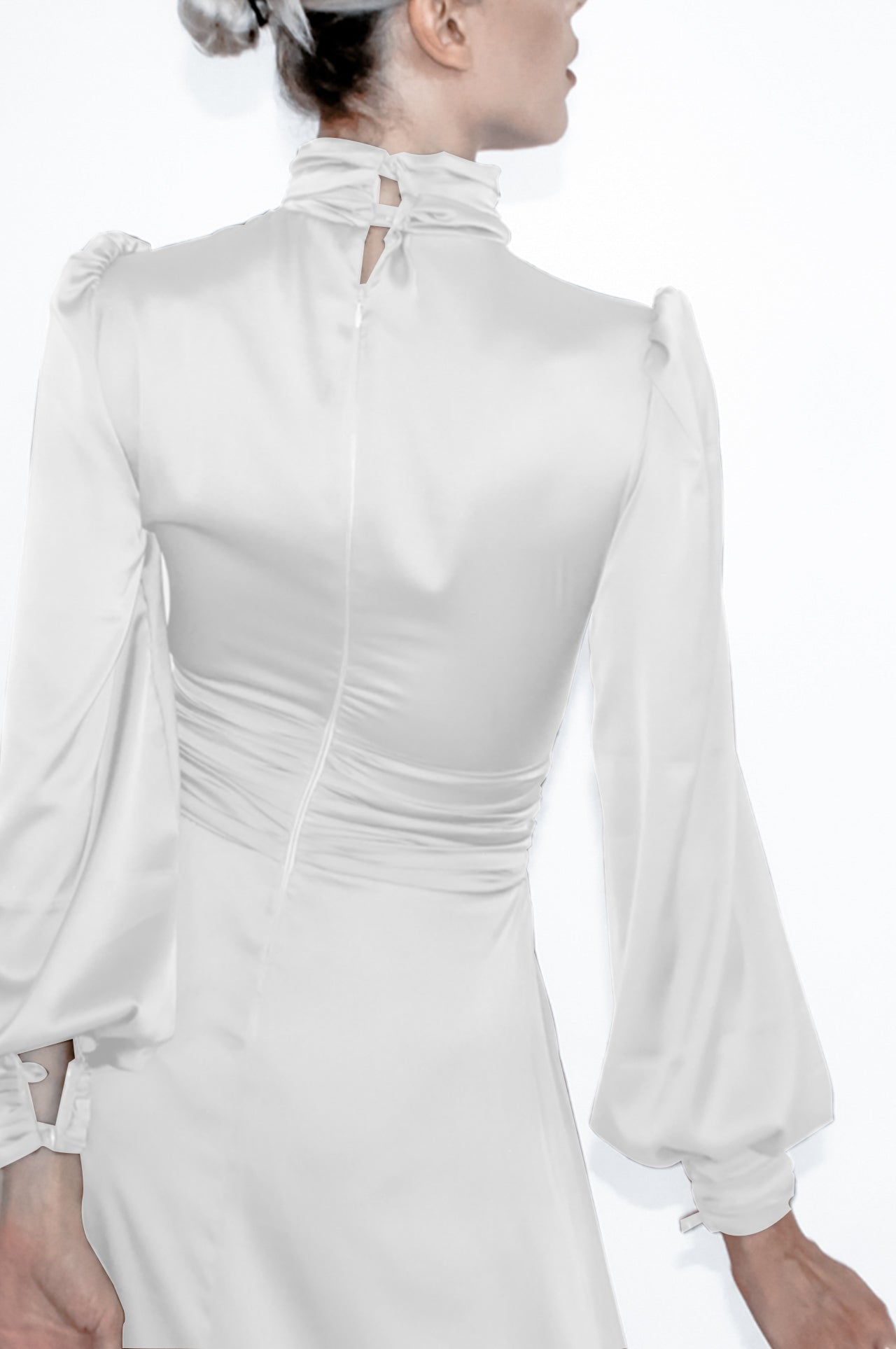 Turtleneck midi dress with bishop sleeves and ruched details