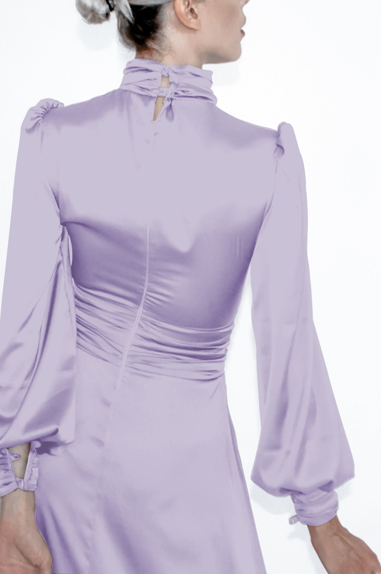 Turtleneck midi dress with bishop sleeves and ruched details