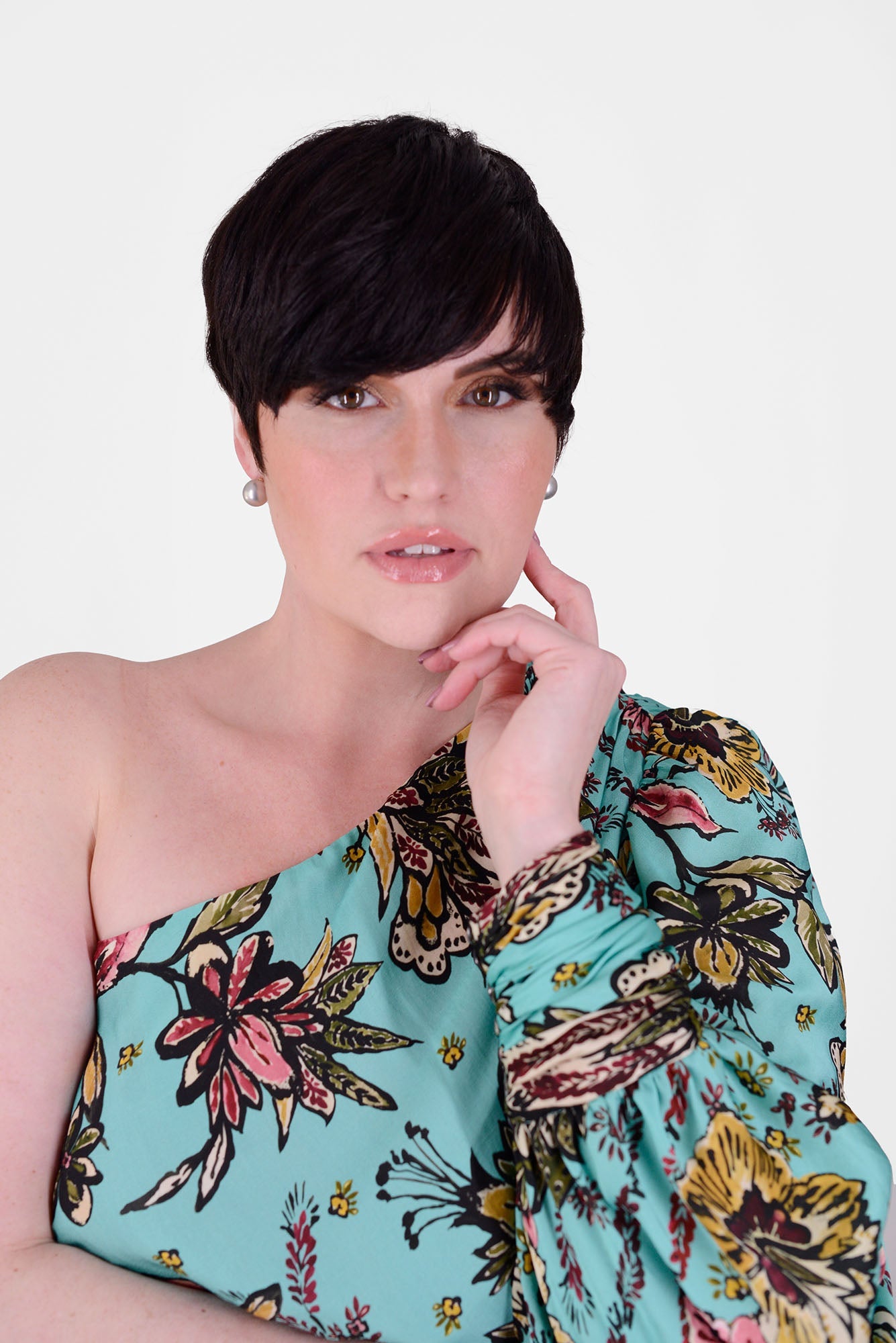 Mayes NYC Olivia One Shoulder Dress Aqua ground color Scarf Print worn by model Max