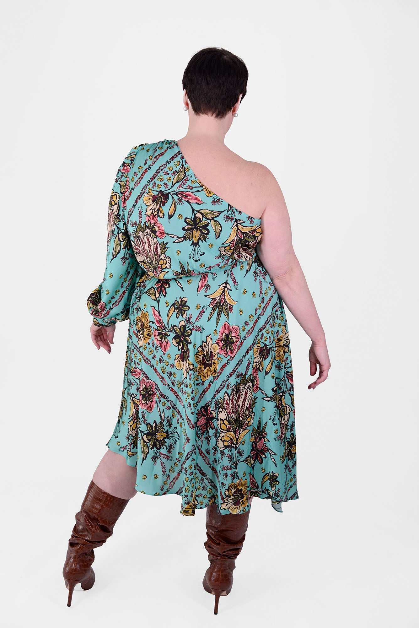 Mayes NYC Olivia One Shoulder Dress Aqua ground color Scarf Print worn by model Max