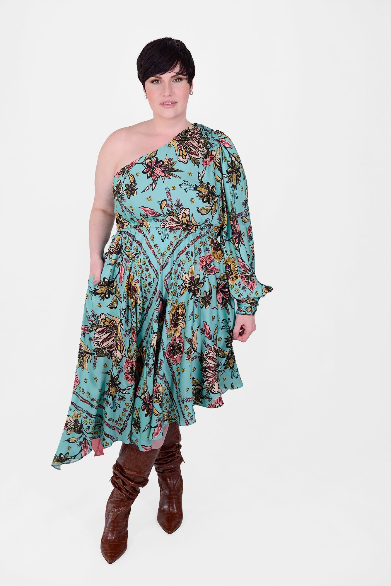Mayes NYC Olivia One Shoulder Dress Aqua ground color Scarf Print worn by model Max