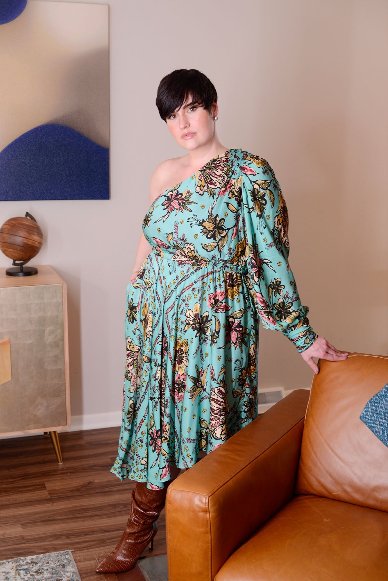 Mayes NYC Olivia One Shoulder Dress Aqua ground color Scarf Print worn by model Max
