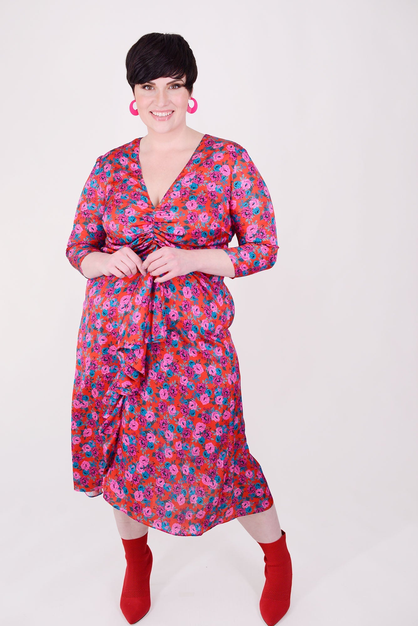 Mayes NYC Winnie RNR Dress in Red colored Mini Rose Print worn by model Max