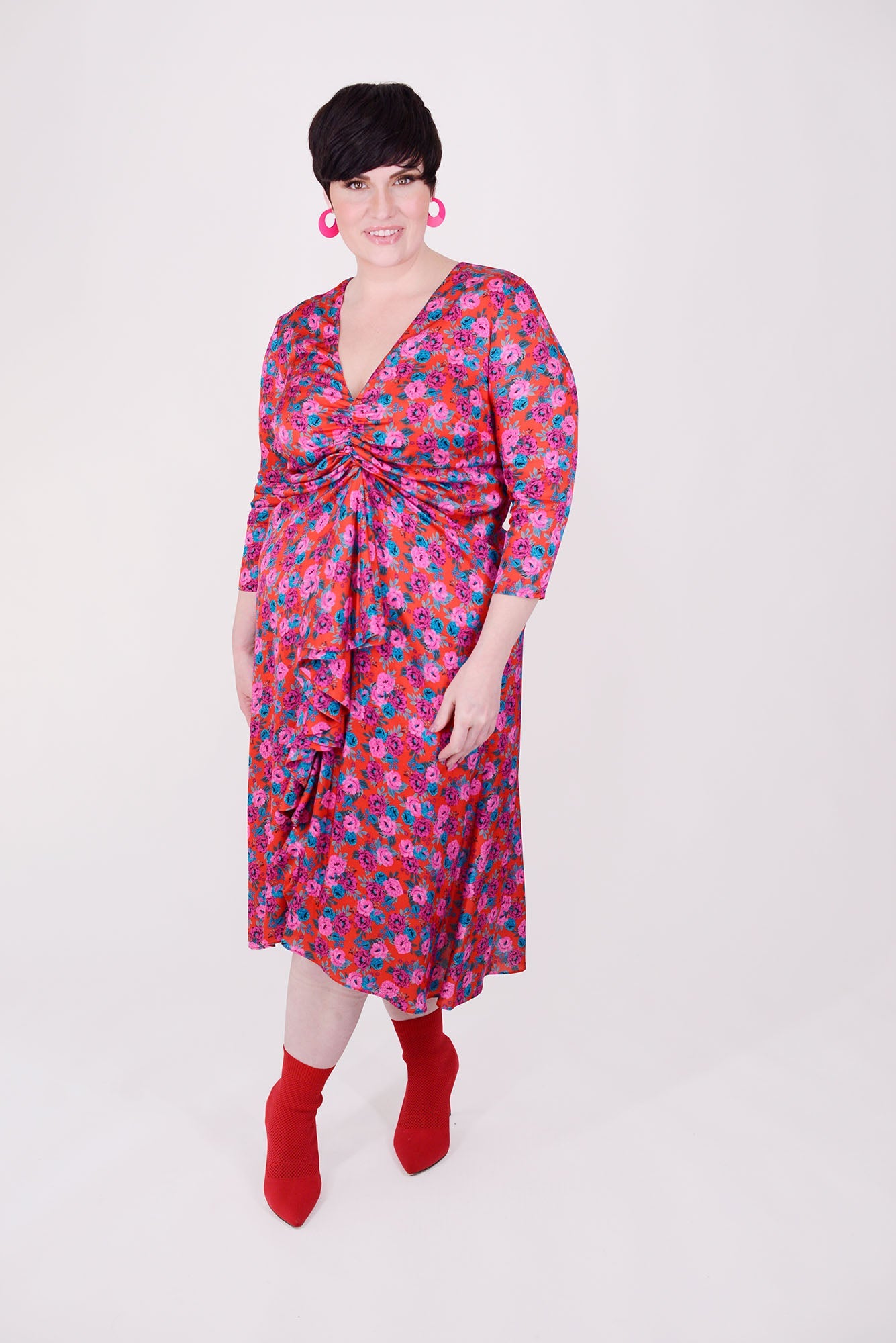 Mayes NYC Winnie RNR Dress in Red colored Mini Rose Print worn by model Max