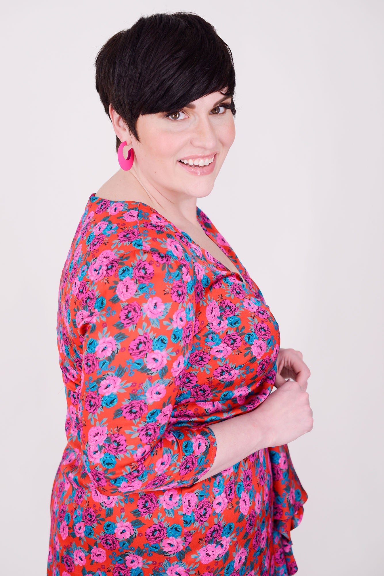 Mayes NYC Winnie RNR Dress in Red colored Mini Rose Print worn by model Max