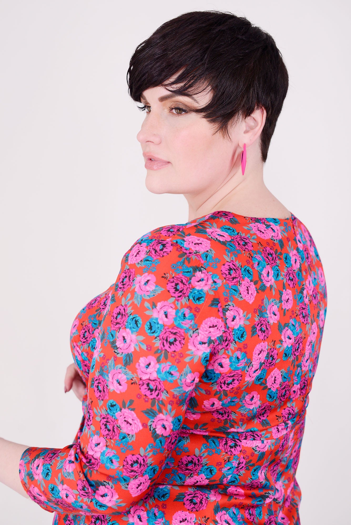 Mayes NYC Winnie RNR Dress in Red colored Mini Rose Print worn by model Max