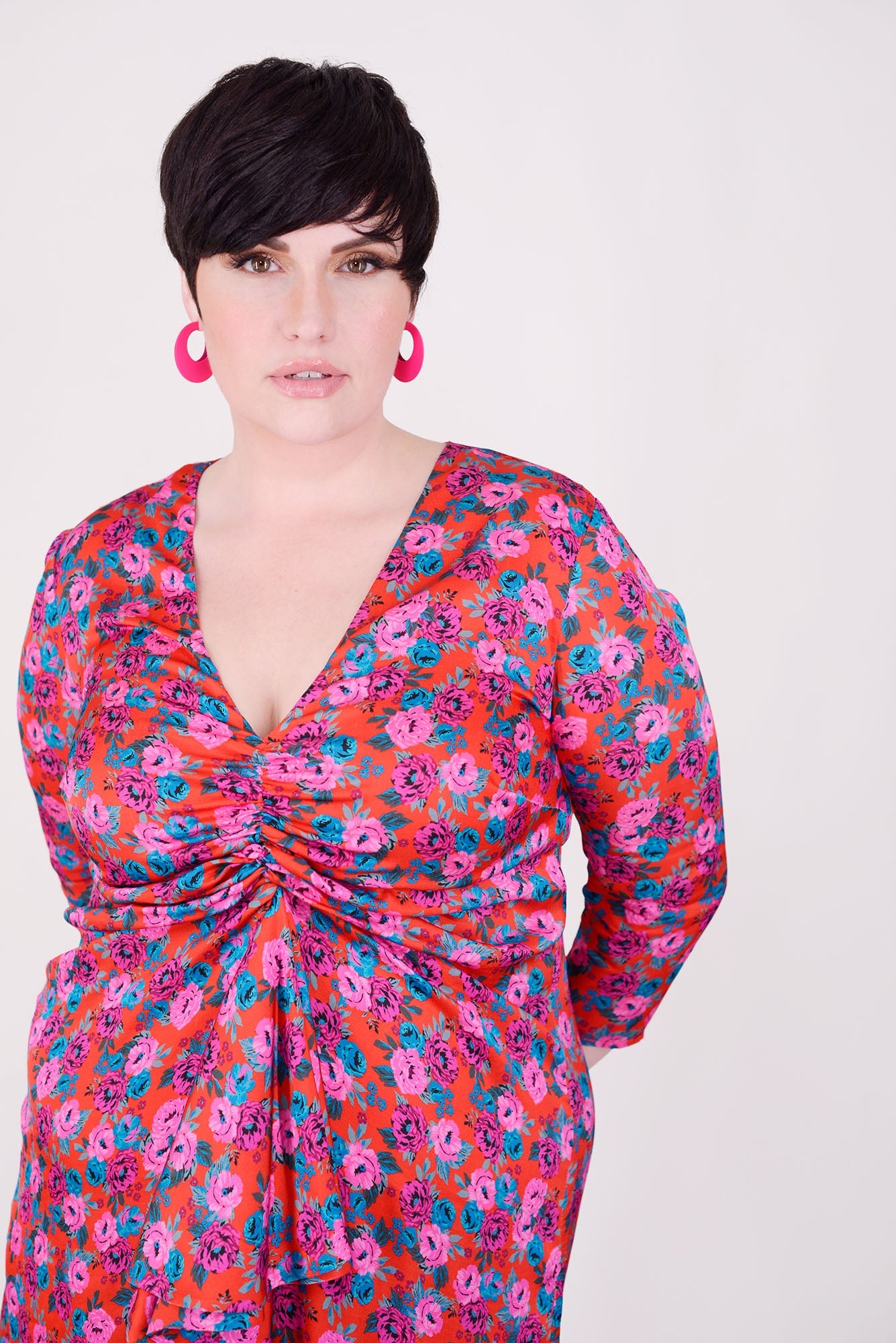 Mayes NYC Winnie RNR Dress in Red colored Mini Rose Print worn by model Max