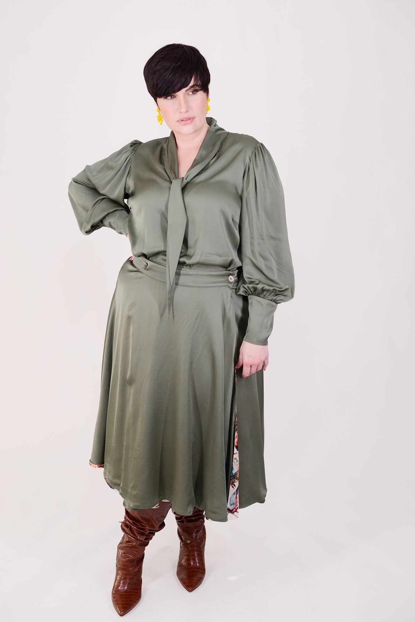 Mayes NYC Mia Scarf Neck Blouse in Solid color Olive worn by model Max