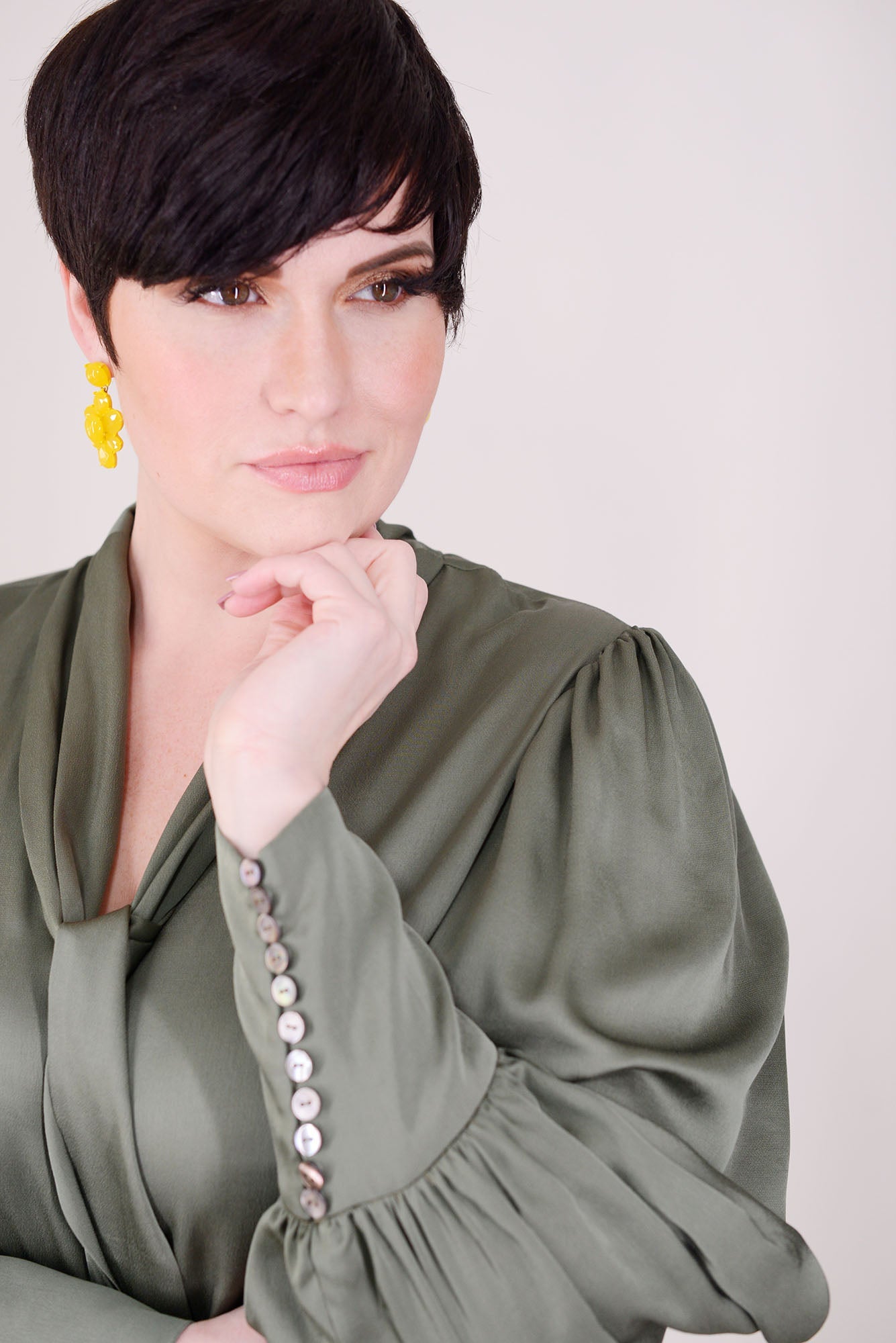 Mayes NYC Mia Scarf Neck Blouse in Solid color Olive worn by model Max