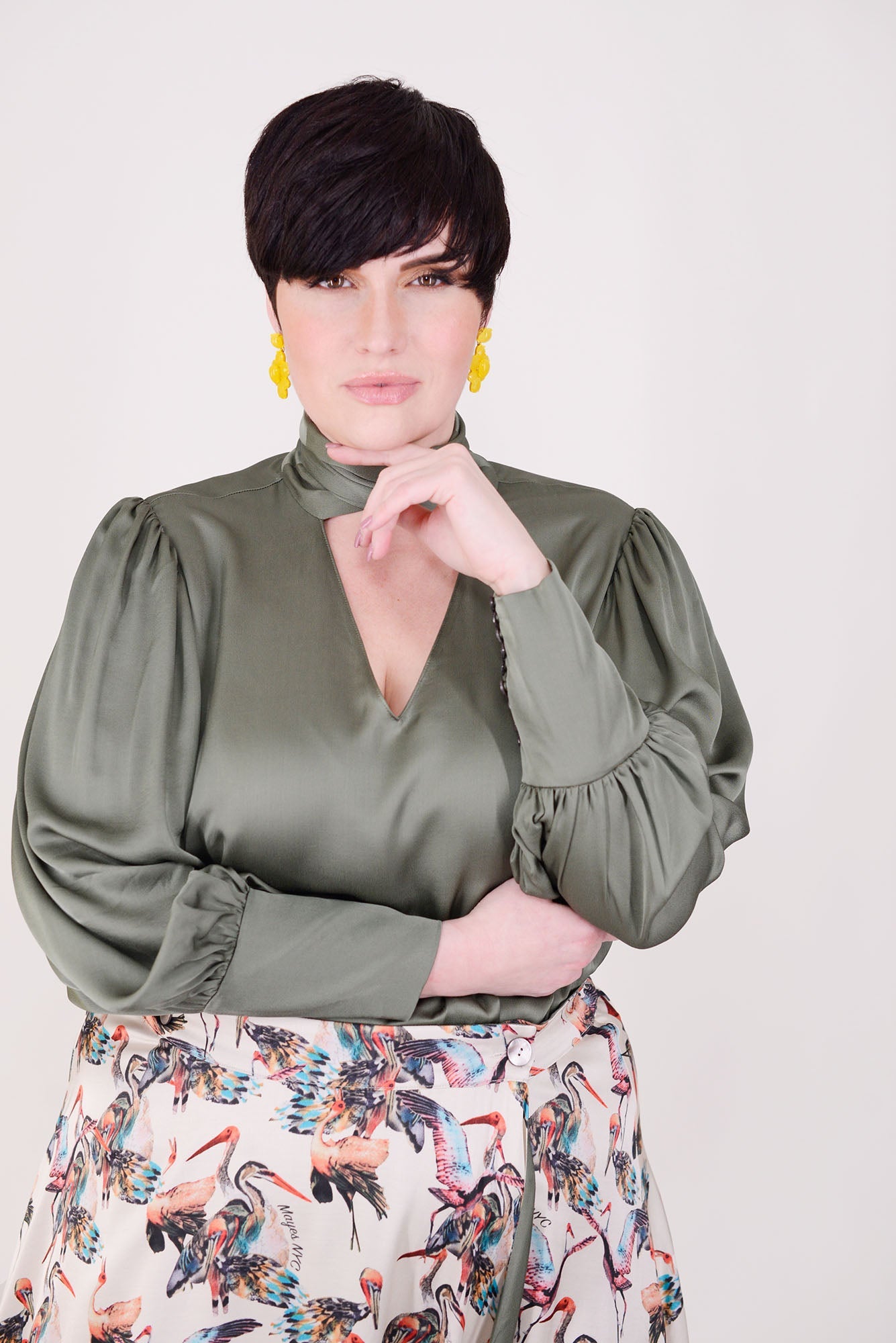 Mayes NYC Mia Scarf Neck Blouse in Solid color Olive worn by model Max