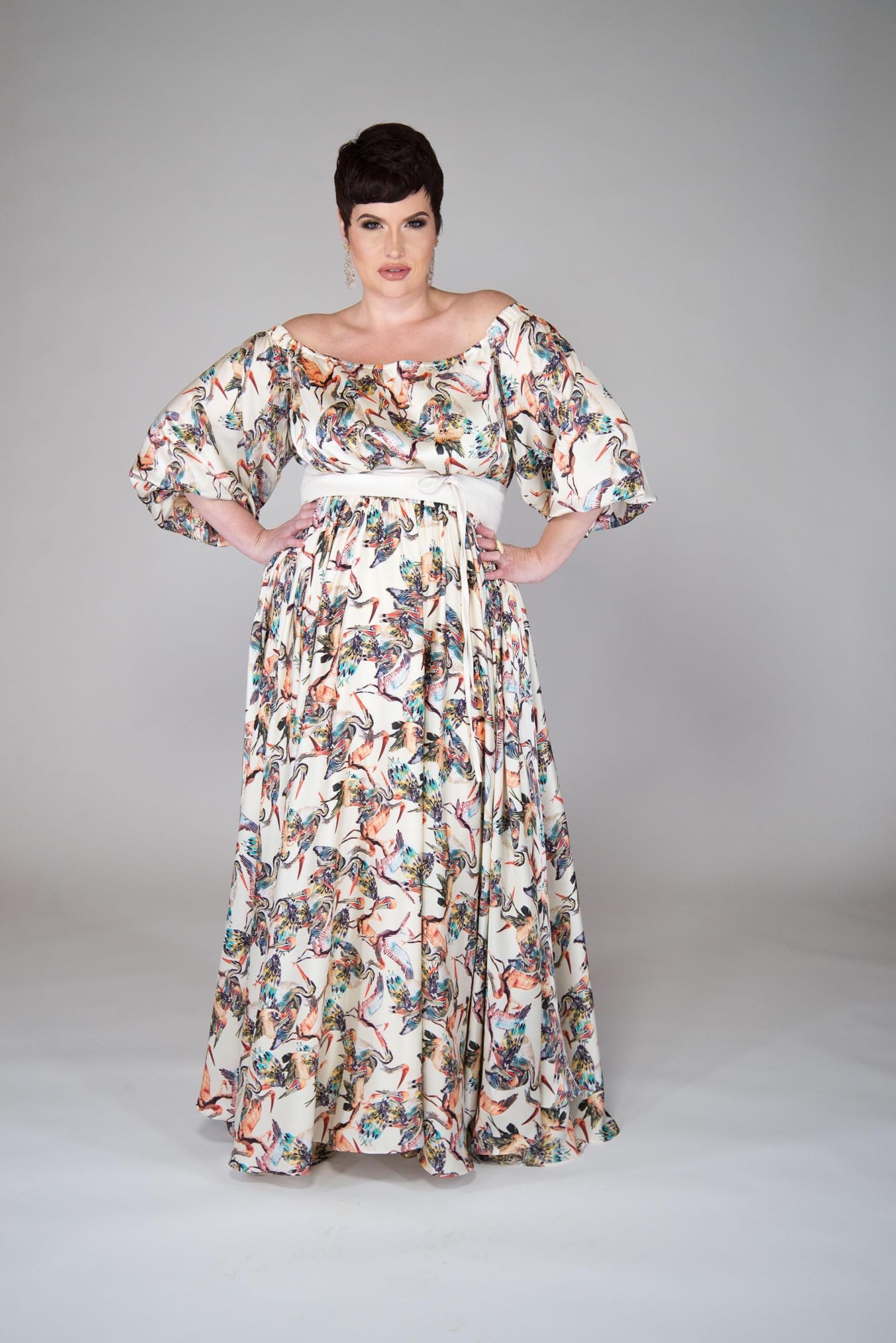Mayes NYC Crane Maxi Dress in Cream-based color worn by model Max