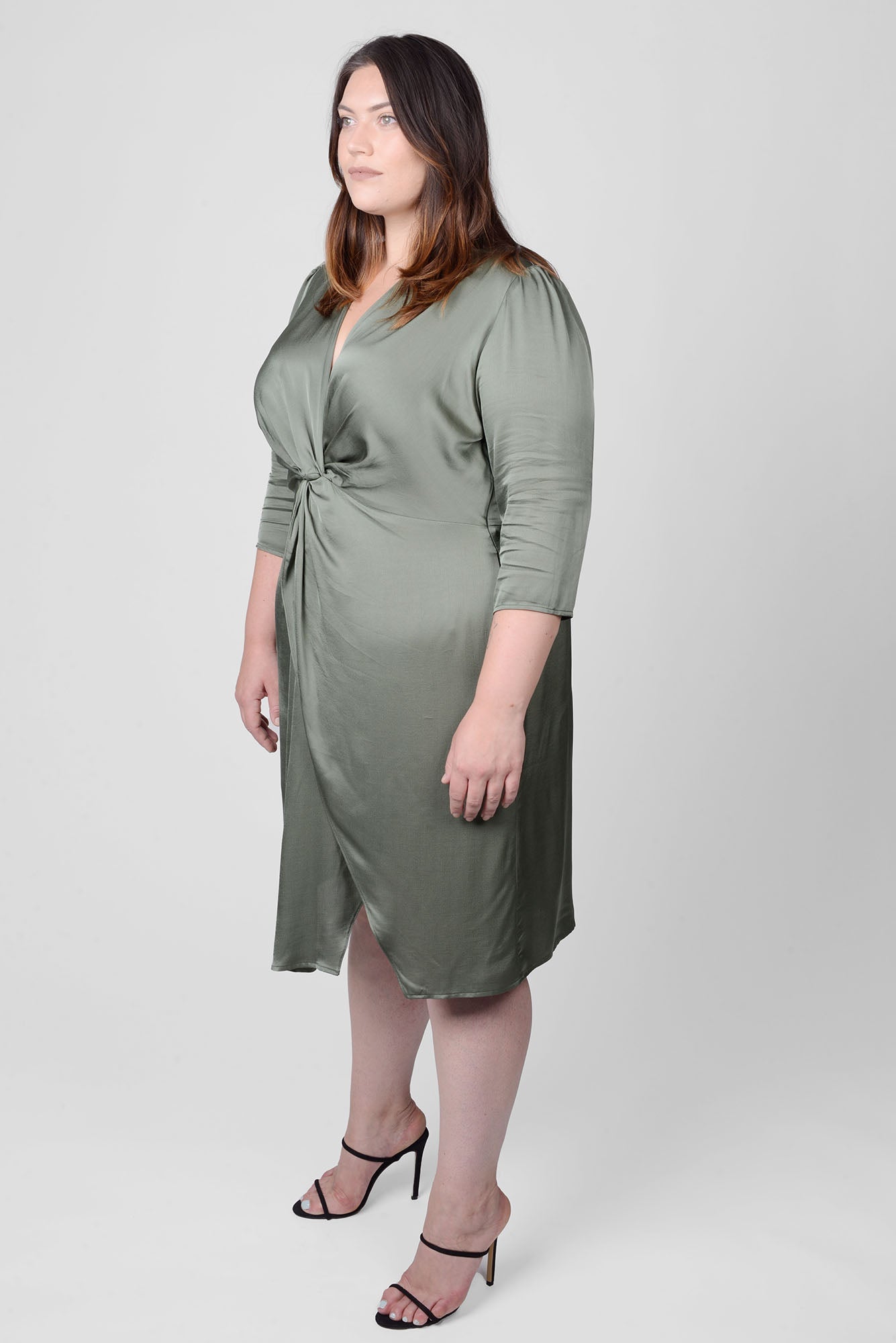 Mayes NYC Elvie Knot Waist Cut Away Dress in Olice color worn by model Megan Smith