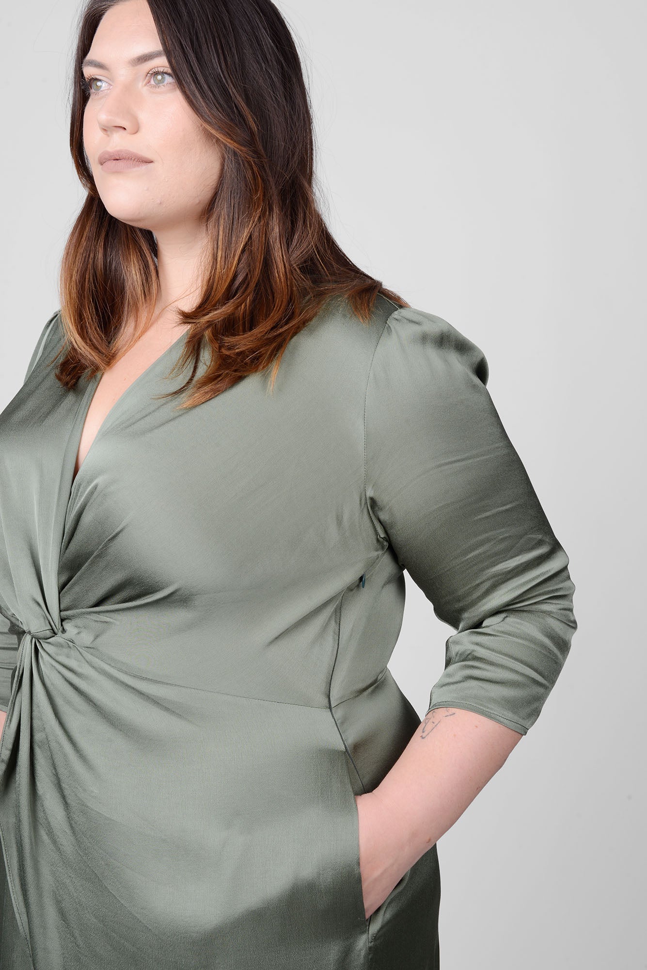 Mayes NYC Elvie Knot Waist Cut Away Dress in Olice color worn by model Megan Smith