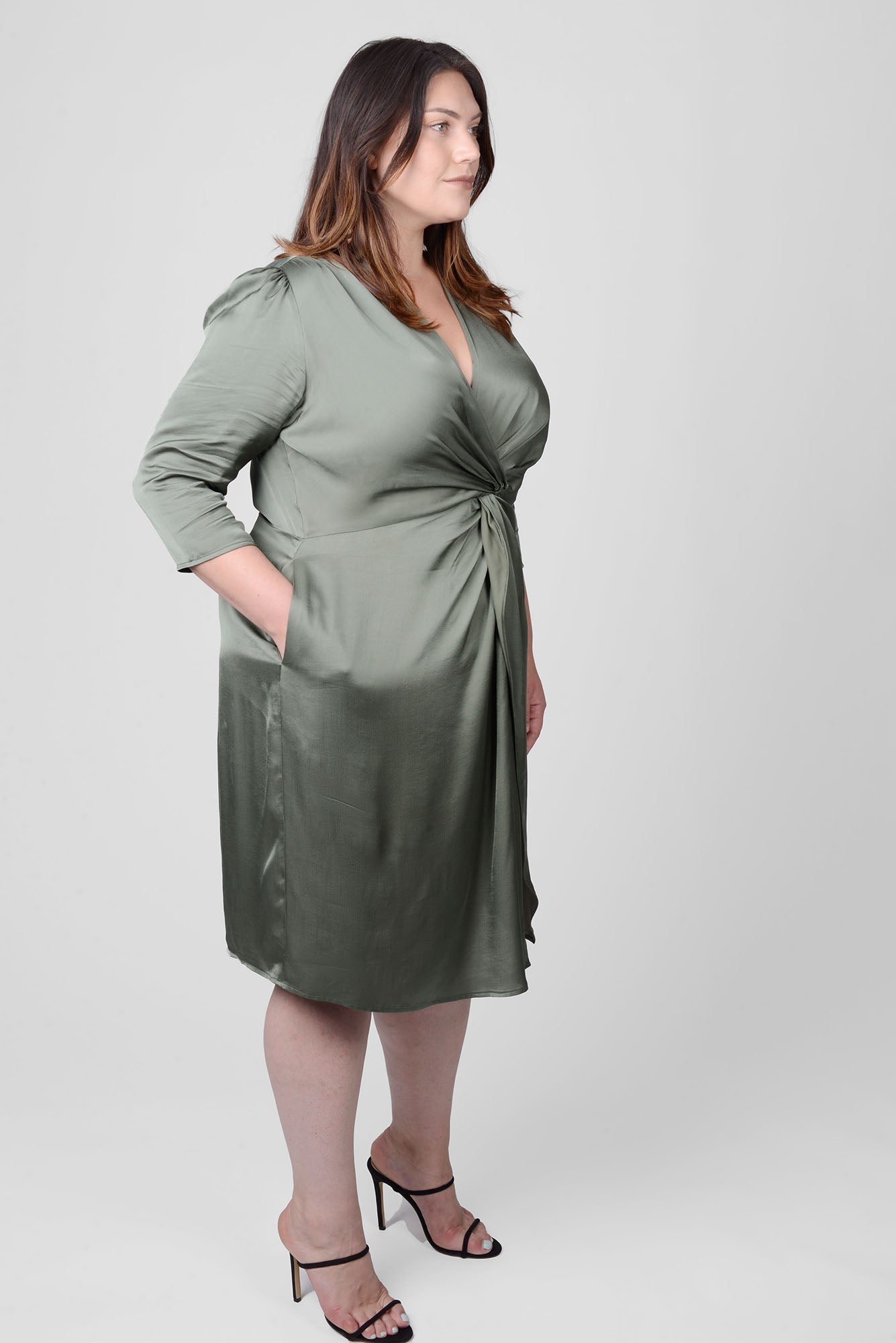 Mayes NYC Elvie Knot Waist Cut Away Dress in Olice color worn by model Megan Smith