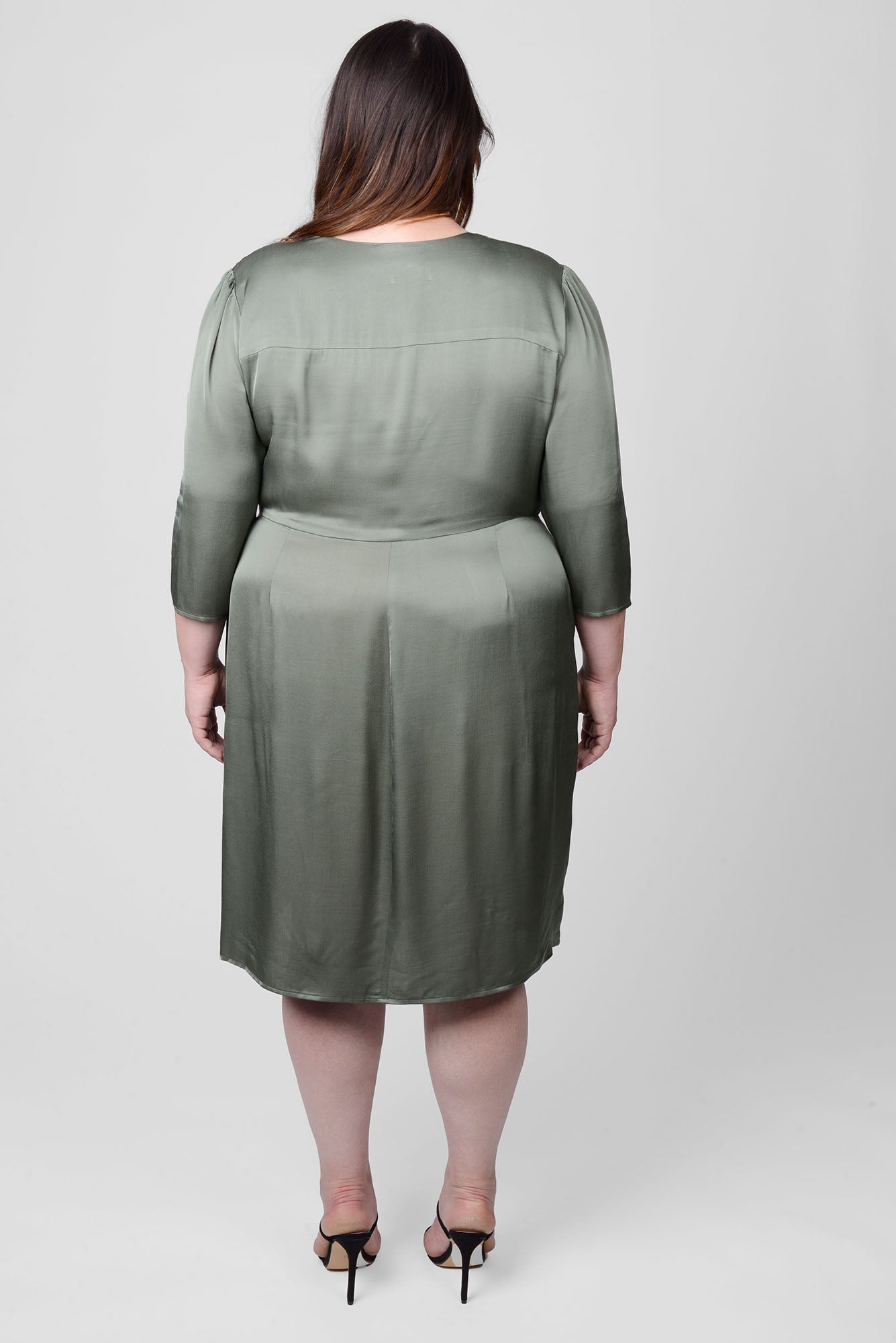Mayes NYC Elvie Knot Waist Cut Away Dress in Olice color worn by model Megan Smith