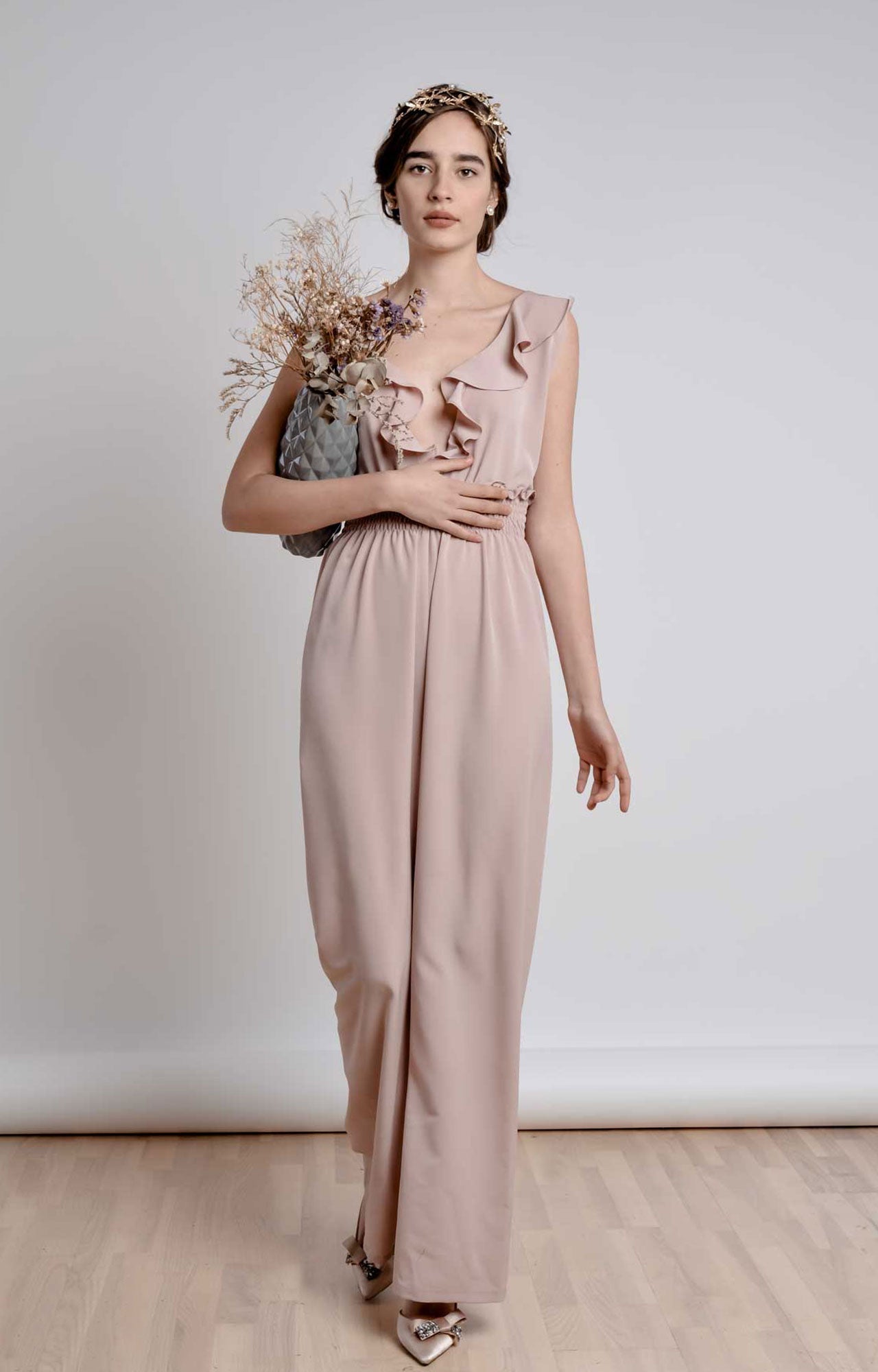 Salmon pink wide leg, sleeveless jumpsuit with ruffle and smocking details