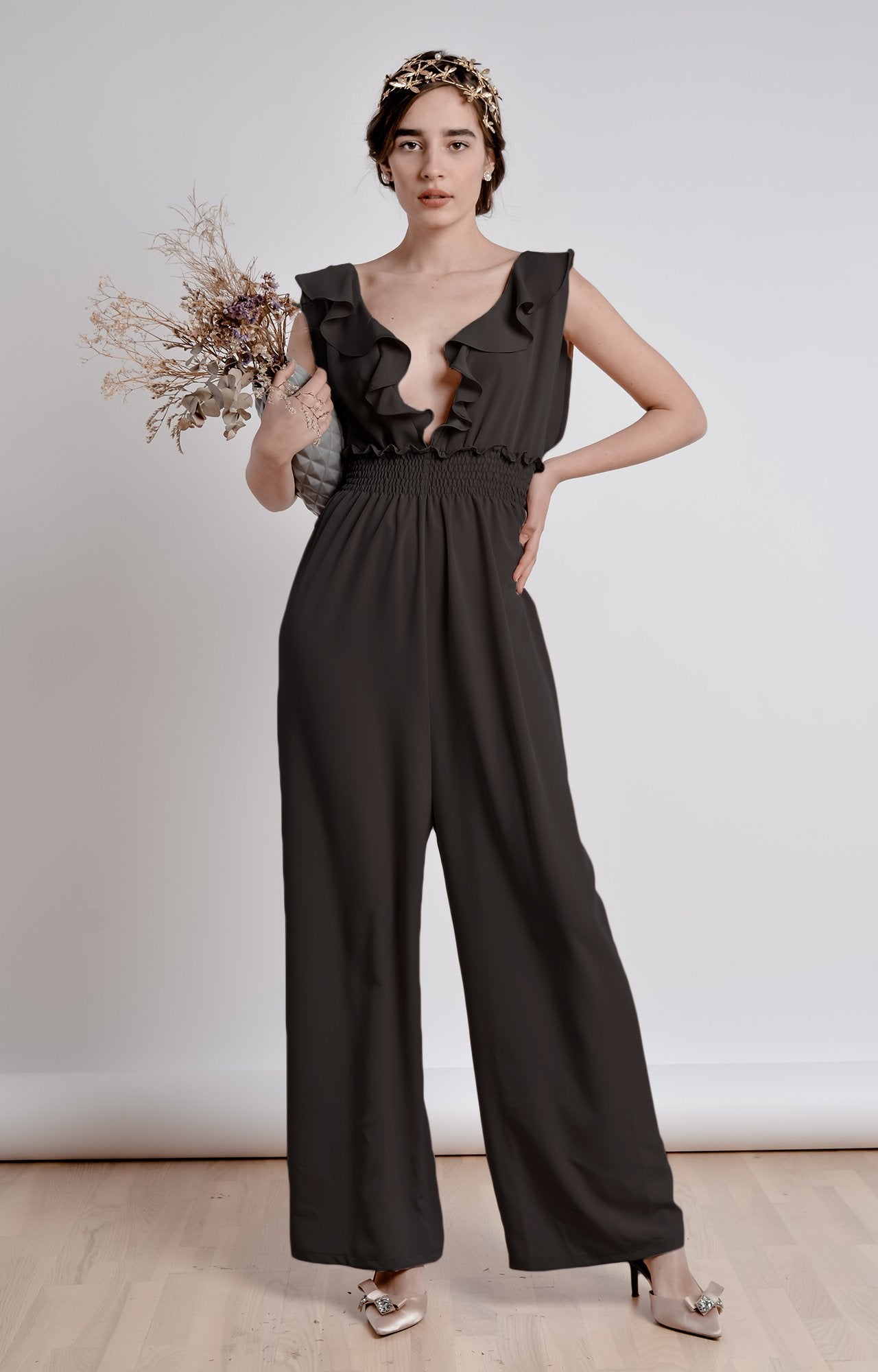 Black wide leg, sleeveless jumpsuit with ruffle and smocking details