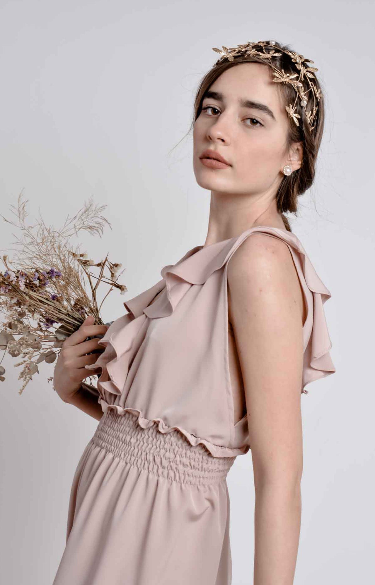 Salmon pink wide leg, sleeveless jumpsuit with ruffle and smocking details