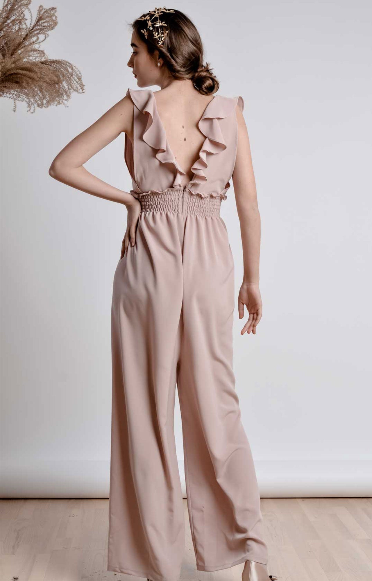 Salmon pink wide leg, sleeveless jumpsuit with ruffle and smocking details