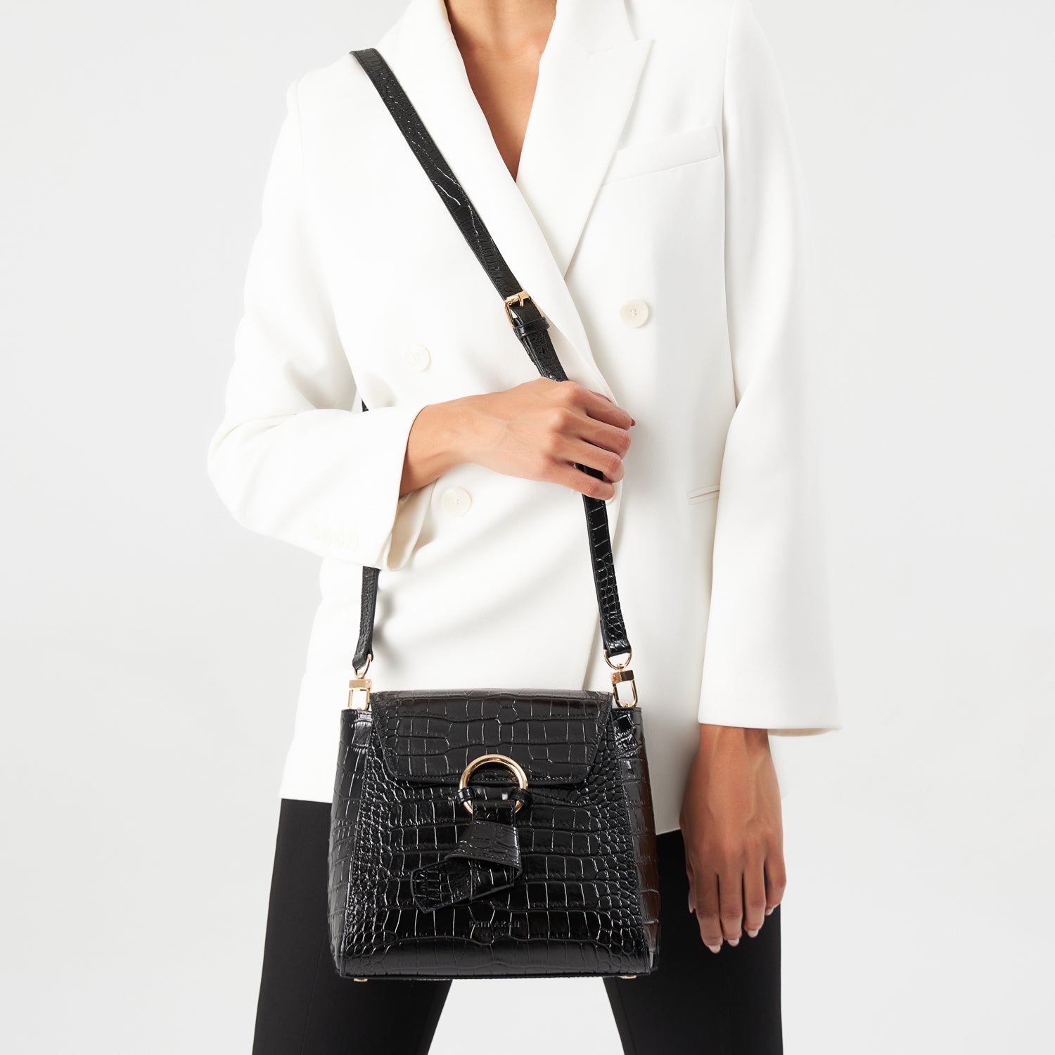 Midi Pimlico, Black Top Handle Bag, Embossed