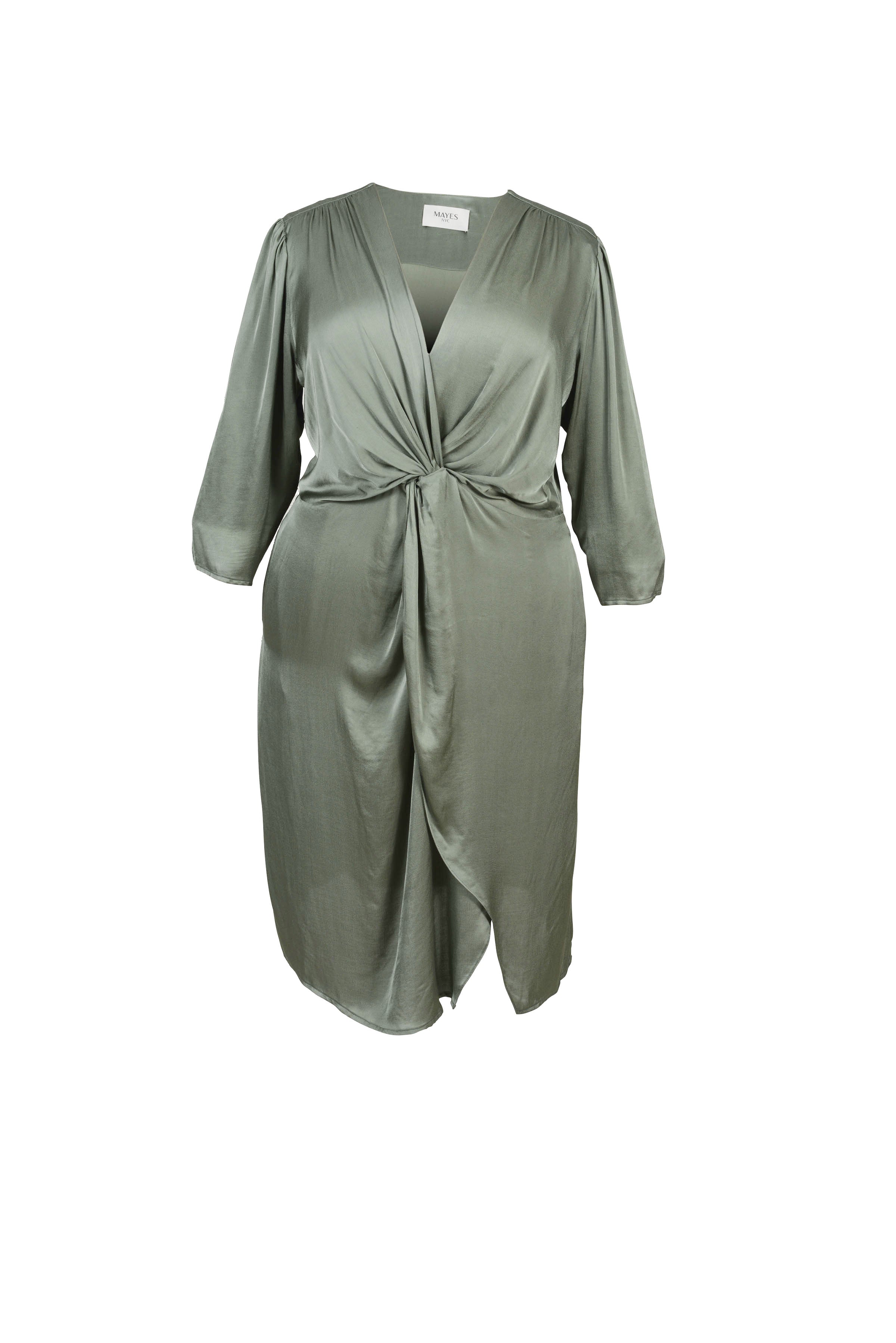 Mayes NYC Elvie Knot Waist Cut Away Dress in Olice color