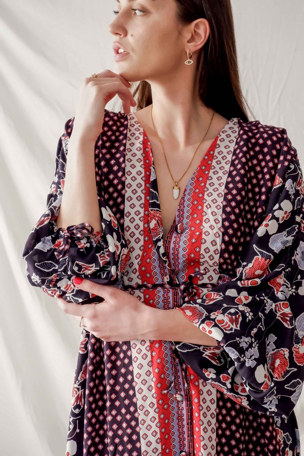 Made to measure floral printed maxi kaftan dress with puffy sleeves - Bastet Noir