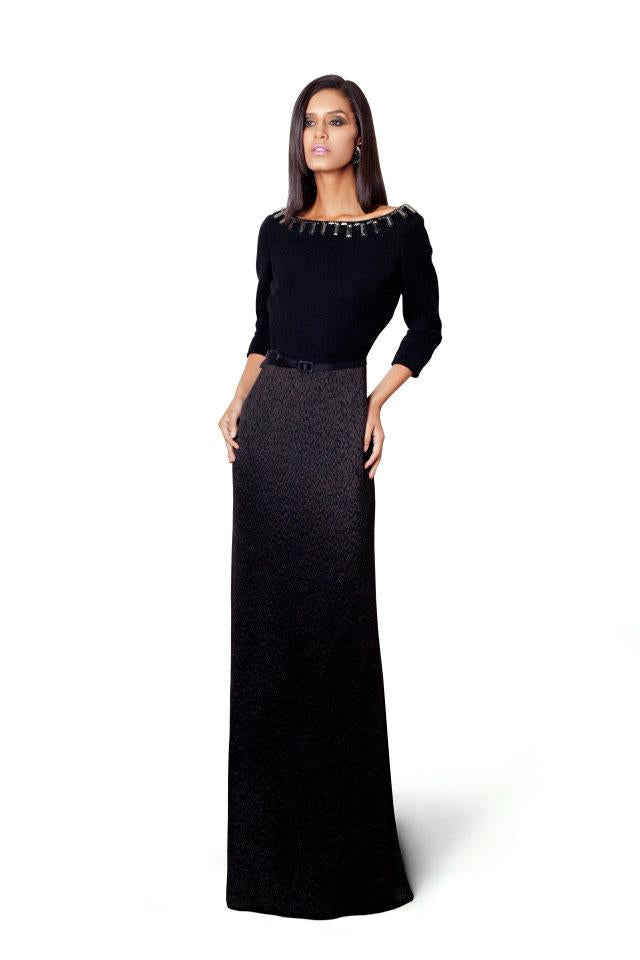 Sustainable Fashion | CELESTINO | Couture | Hudson Valley | Hudson New York | Swarovski | Beaded | Wool Knit | Novelty Silk | Key Hole | Column | Gown
