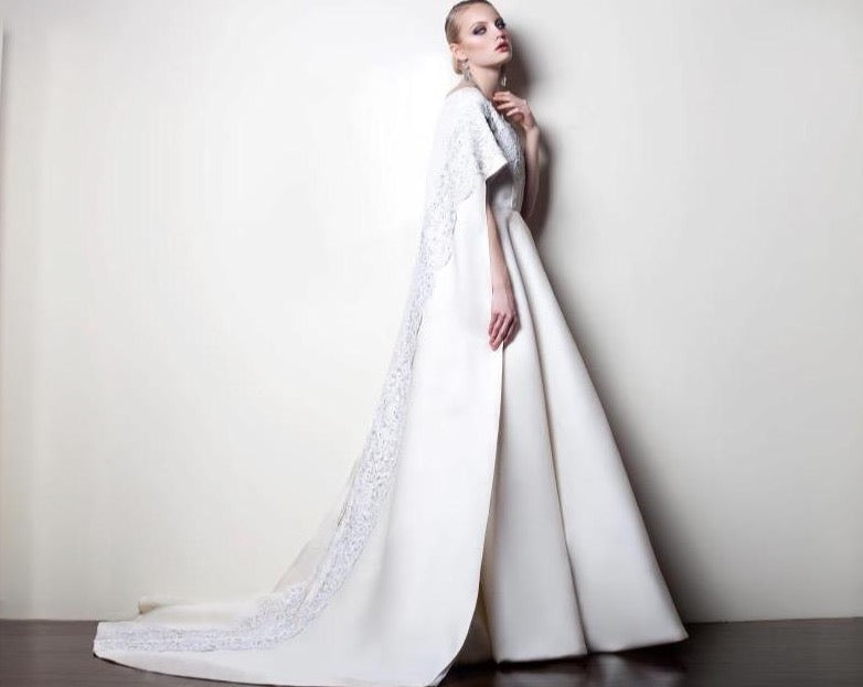 Sustainable Fashion | CELESTINO | Couture | Hudson Valley | Hudson New York | White | Basket Woven Organza | Cape | Bridal Gown | Beaded | French Chantilly Lace | Train