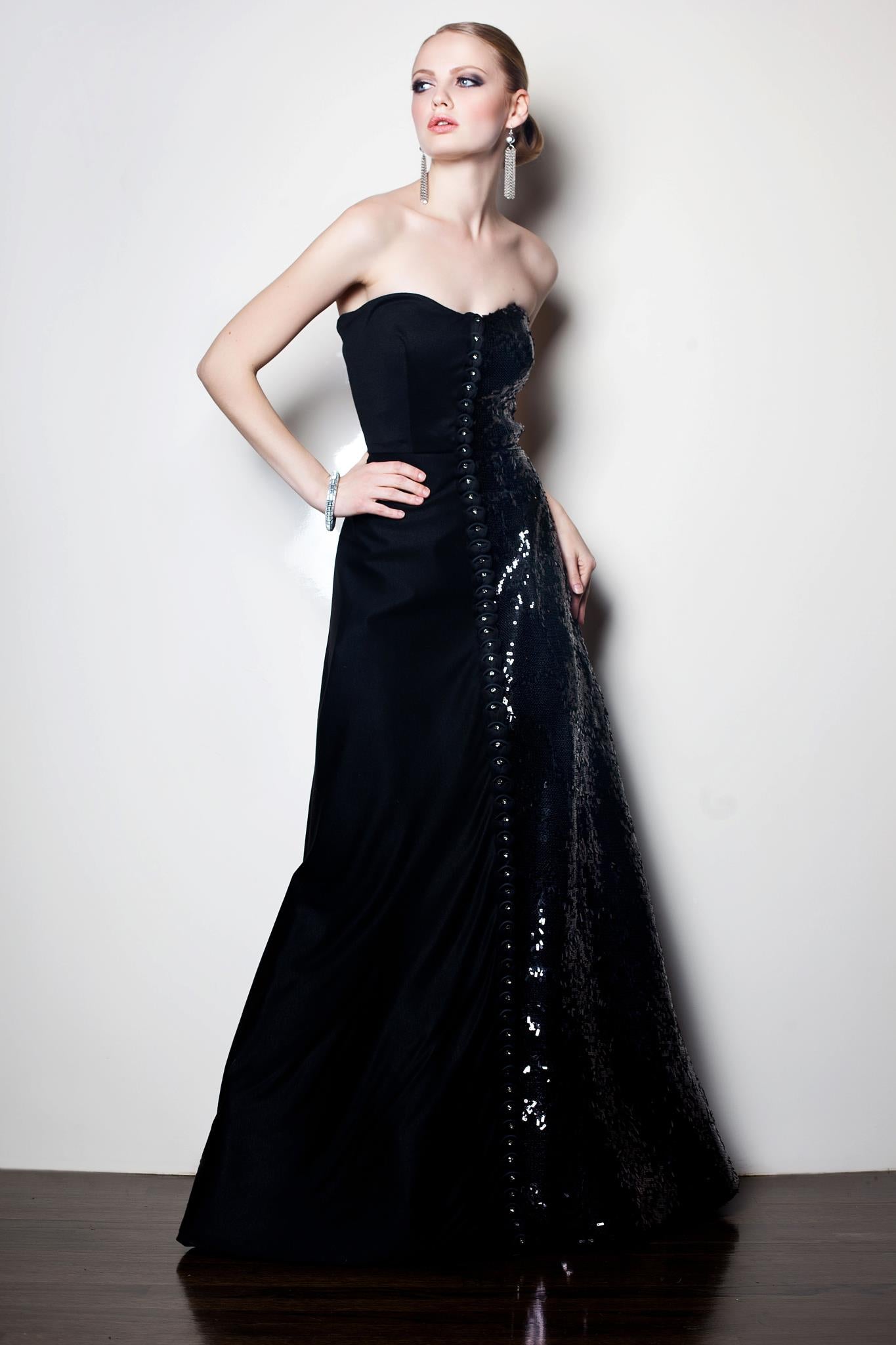 Sustainable Fashion | CELESTINO | Couture | Hudson Valley | Hudson New York | Black | Wool Jersey | Corseted | Strapless | Ballgown | Beaded | Embroidered