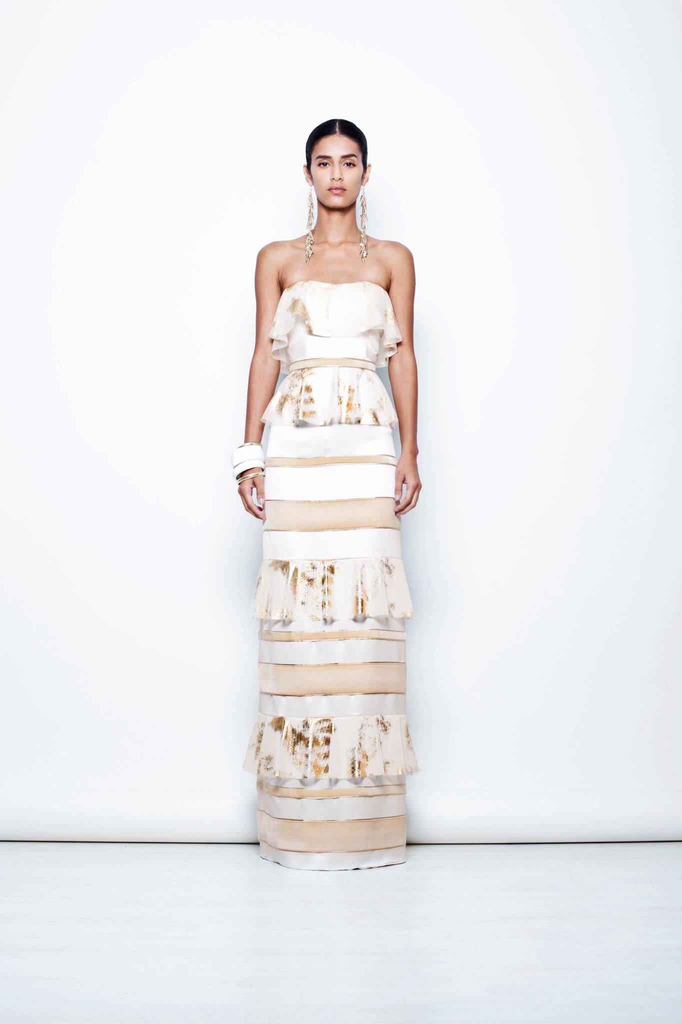 Sustainable Fashion | CELESTINO | Couture | Hudson Valley | Hudson New York | Silk Satin | Strapless | Column | Gown | Tiered | Ruffle | Metallic | Painted | Mesh | Tulle | Velvet Ribbon | Trimming