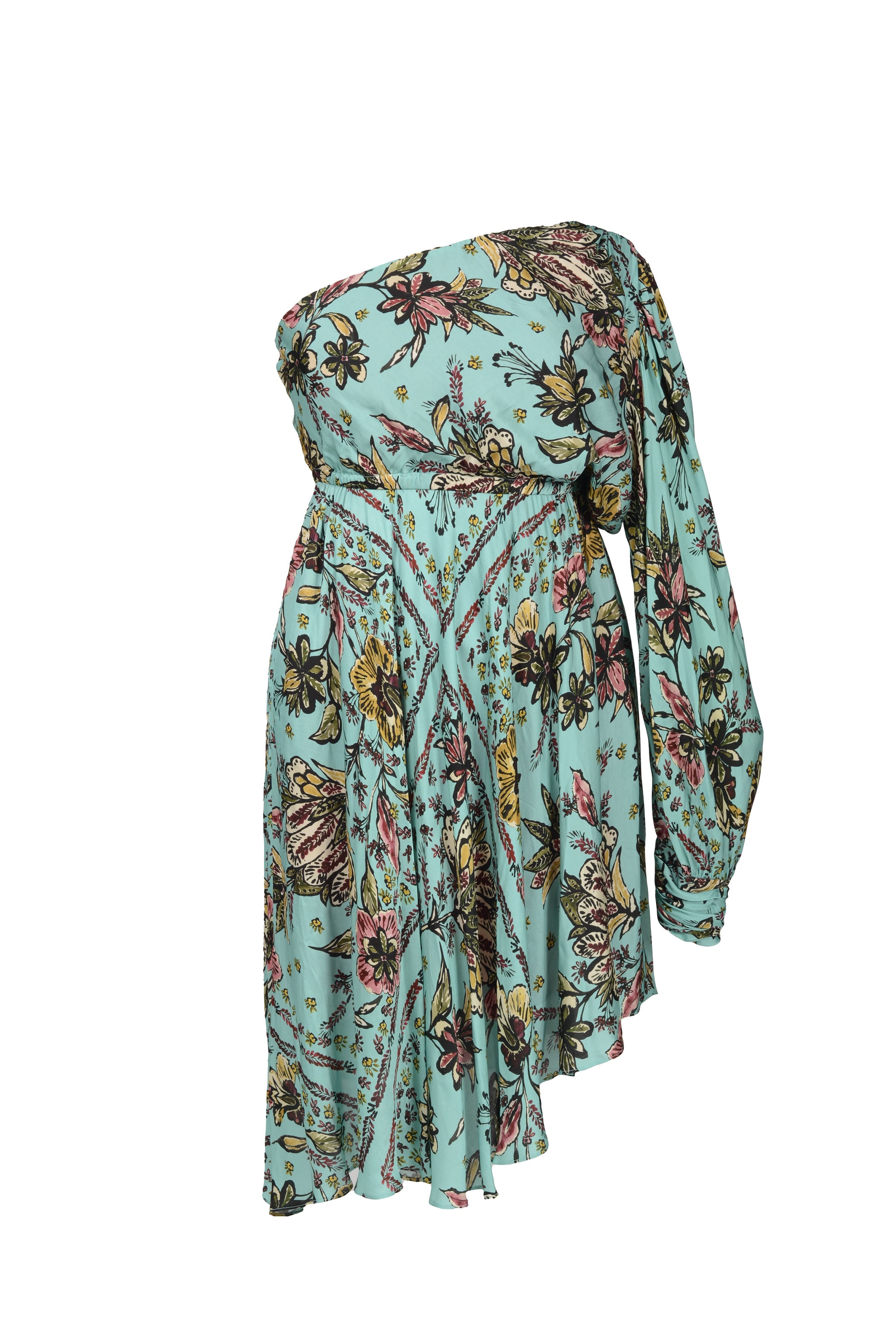 Mayes NYC Olivia One Shoulder Dress Aqua ground color Scarf Print