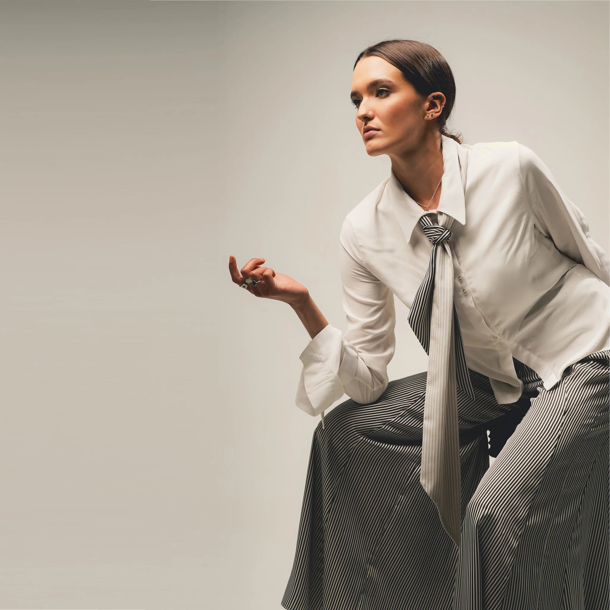 Bamboo Shirt and Womens Necktie and Striped Wide Leg Trouser