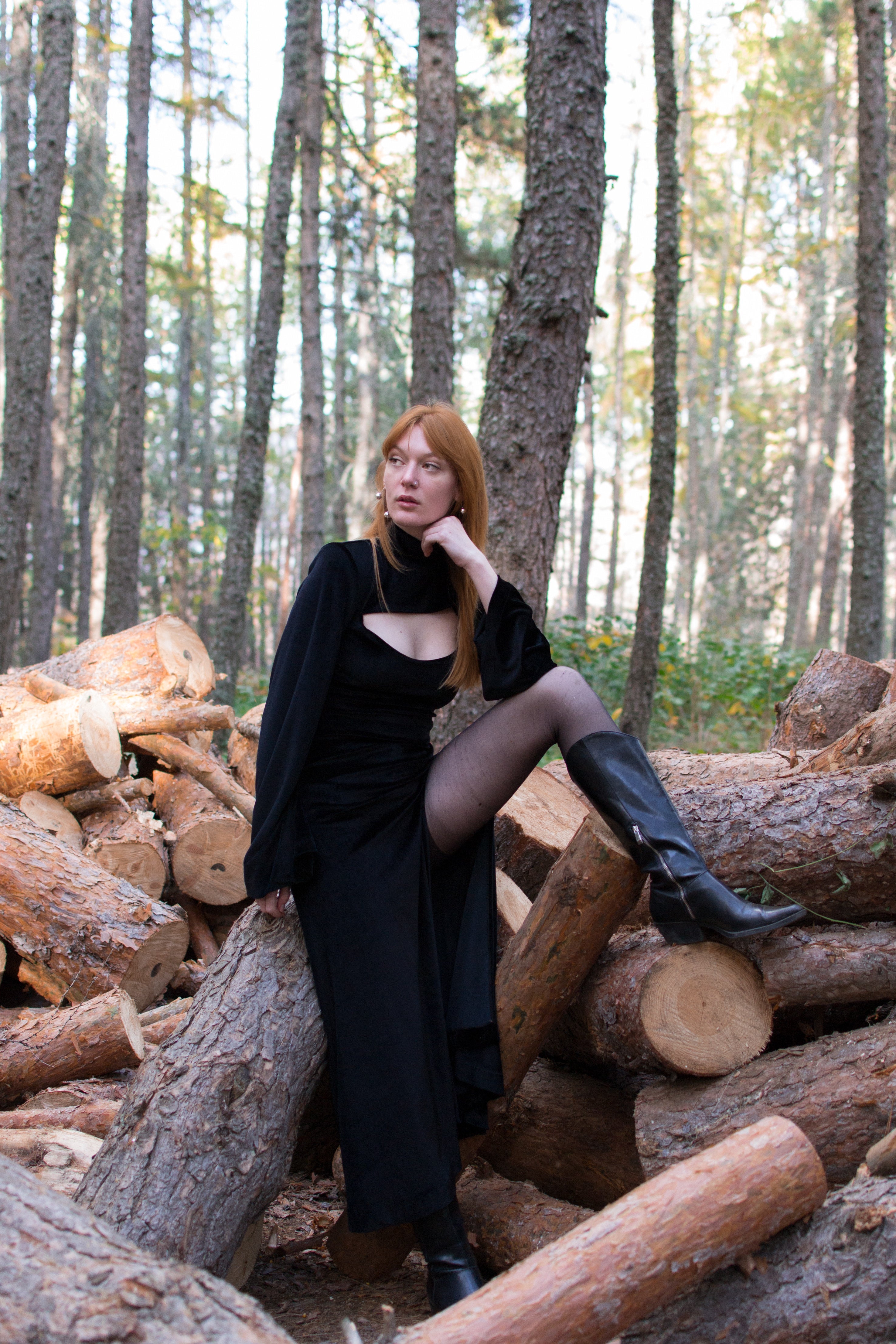 Black midi cut out neckline velvet dress