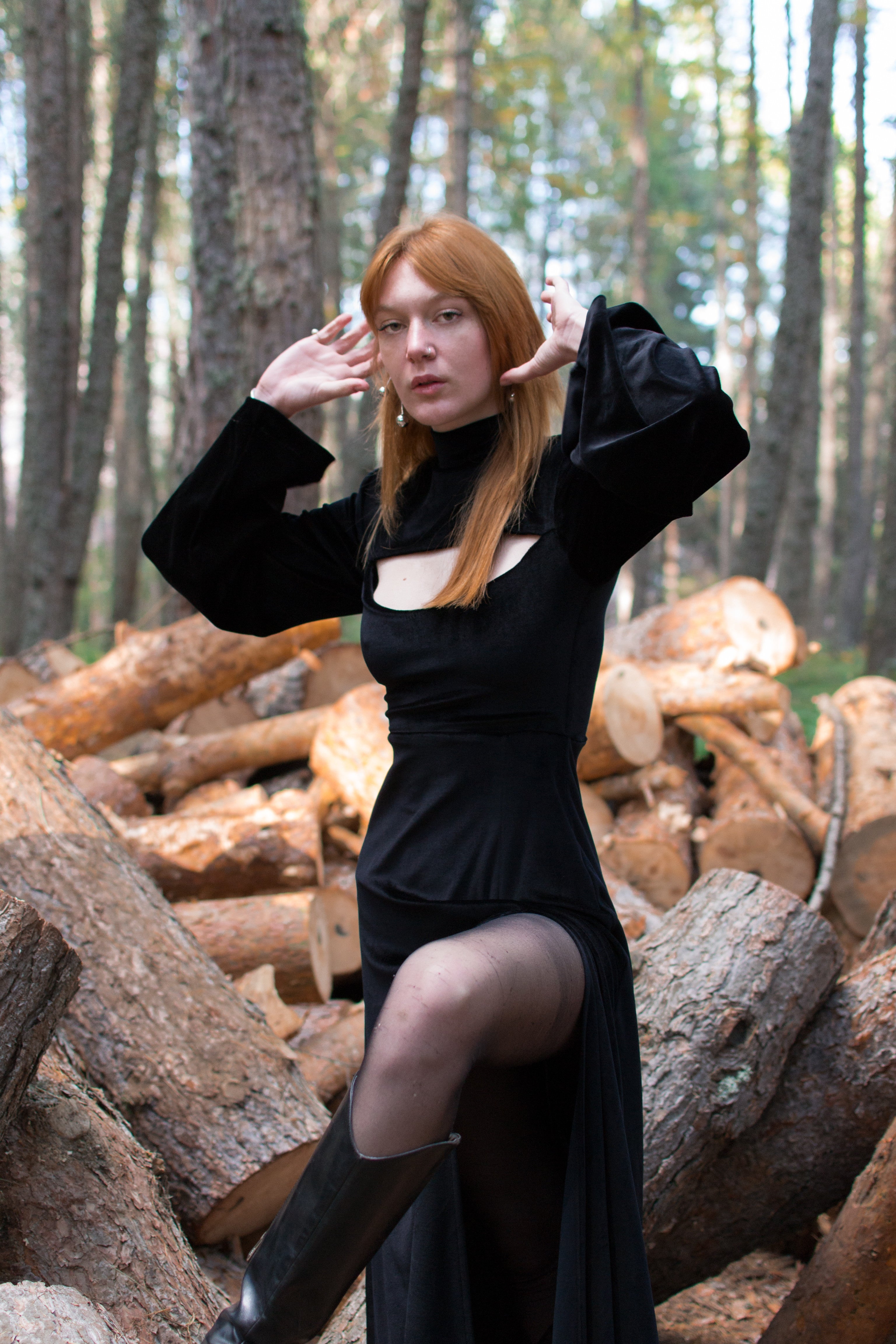 Black midi cut out neckline velvet dress