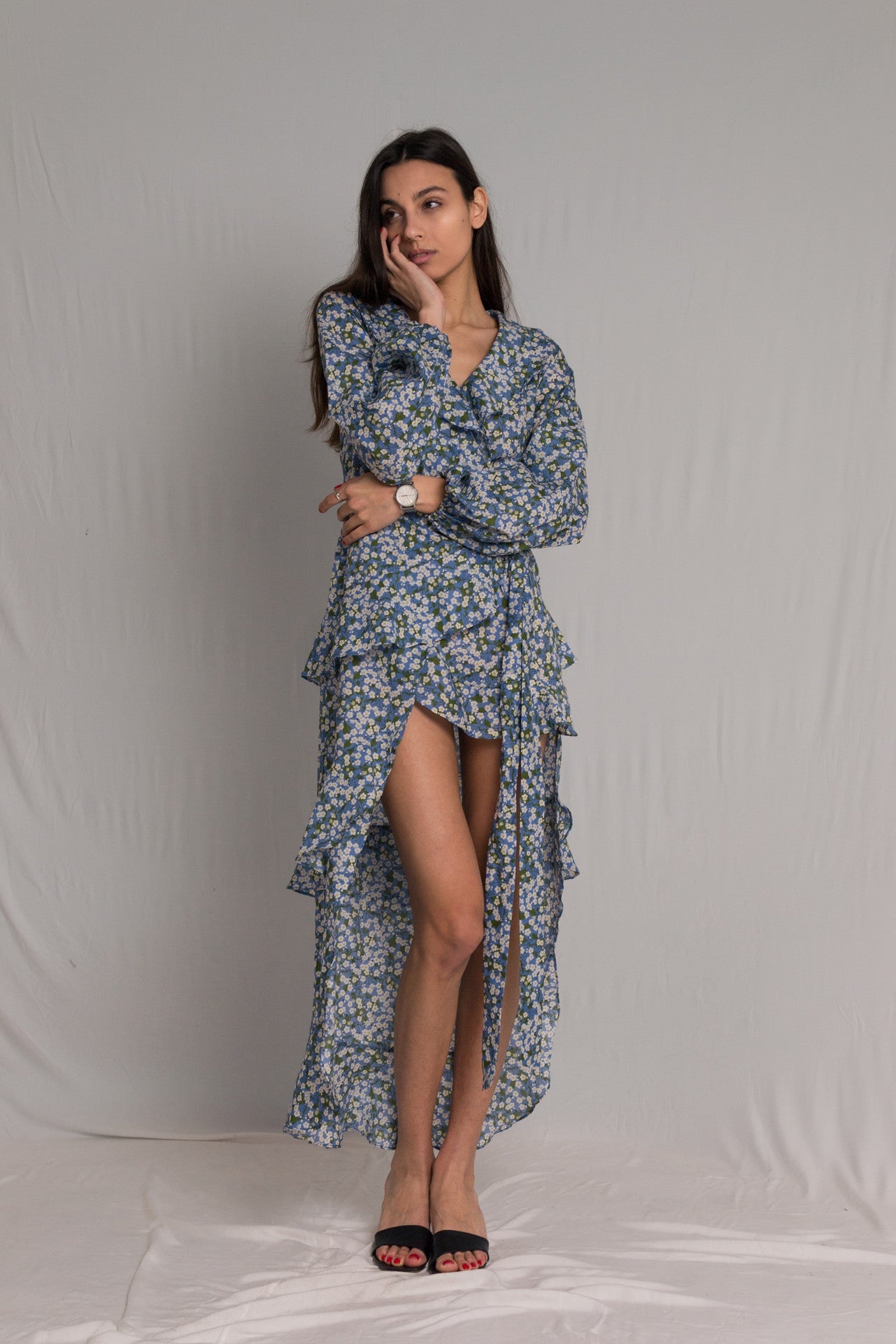 Floral dress with peasant sleeves a V-neckline asymmetric skirt with a wrap-around silhouette