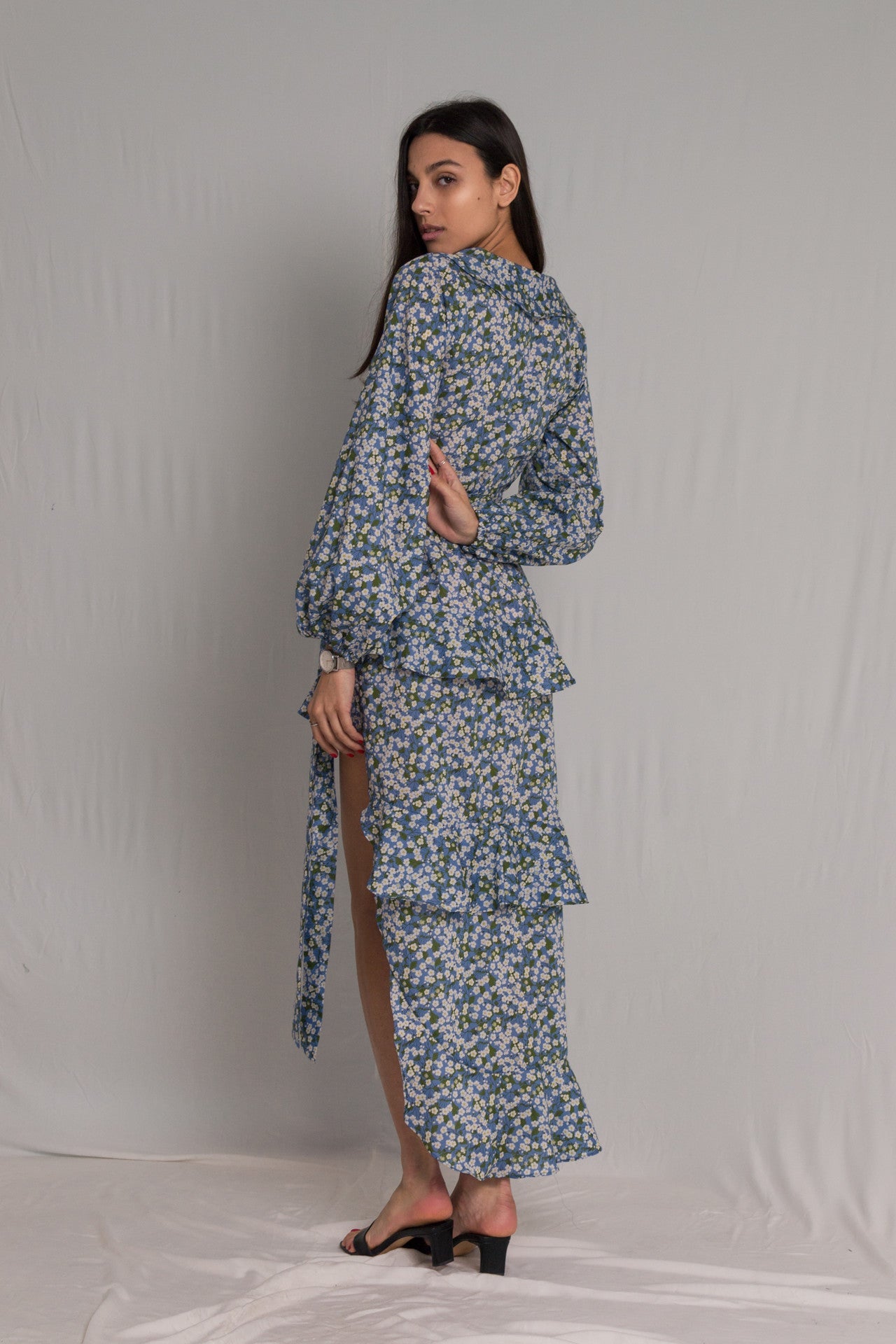 Floral dress with peasant sleeves a V-neckline asymmetric skirt with a wrap-around silhouette