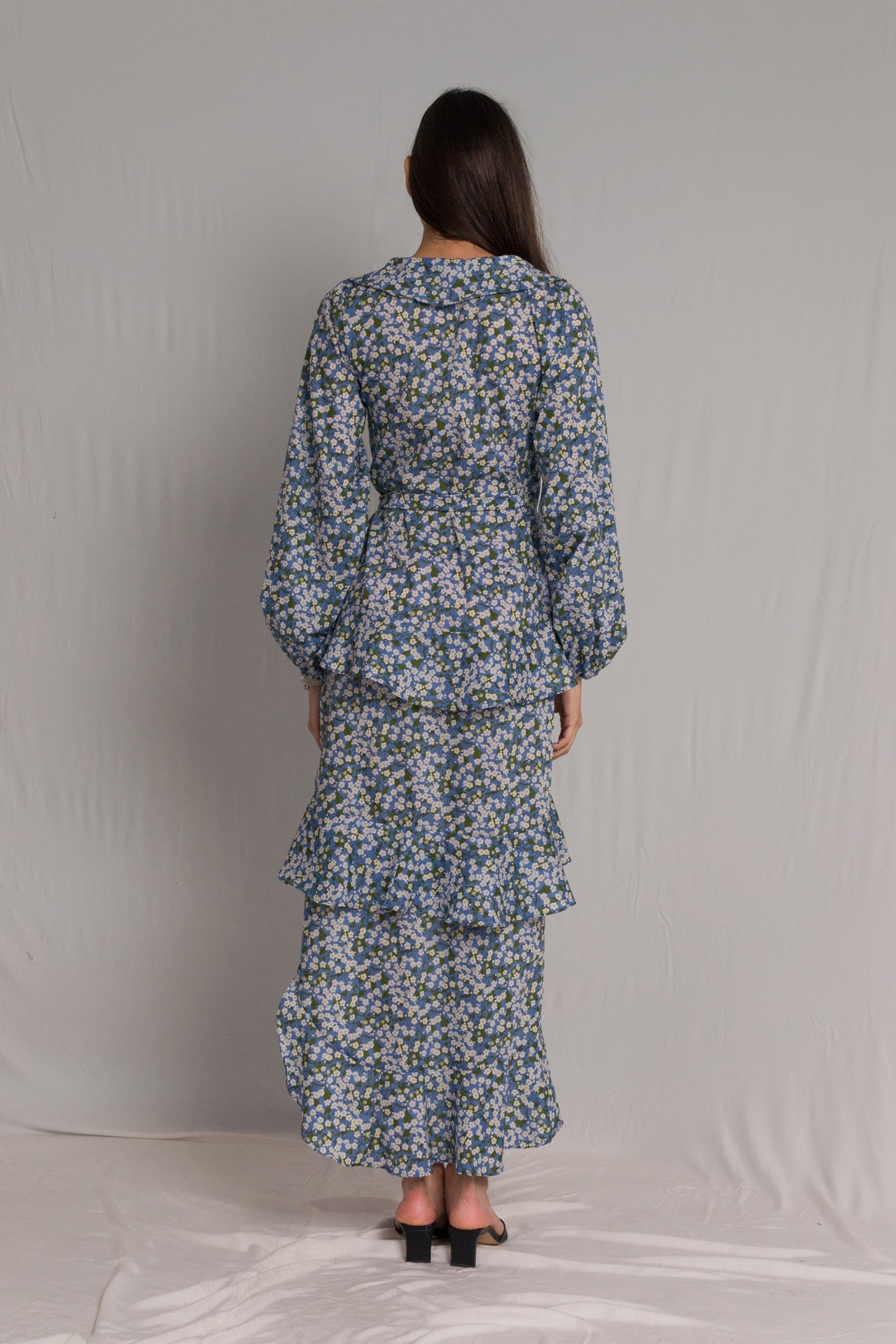 Floral dress with peasant sleeves a V-neckline asymmetric skirt with a wrap-around silhouette