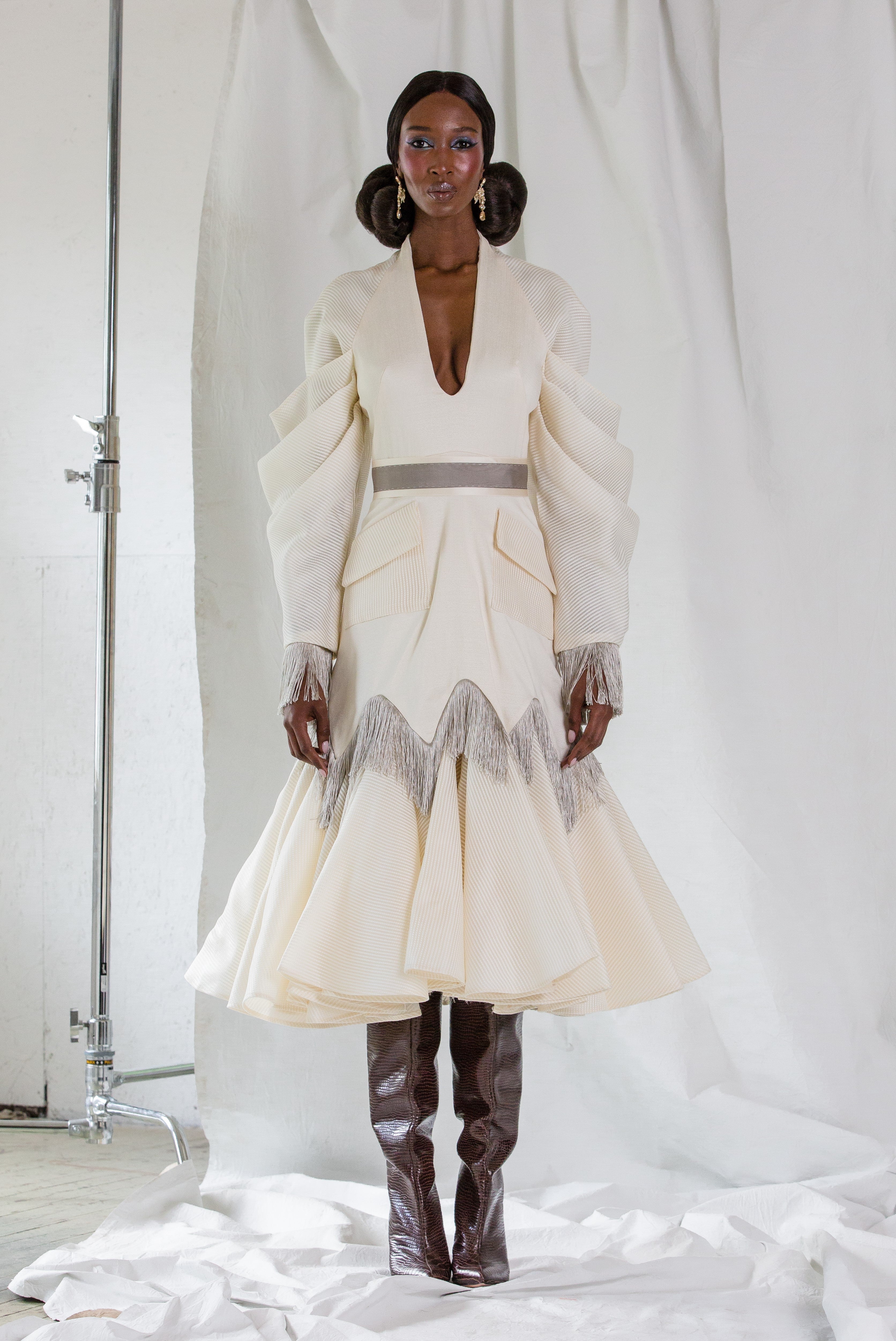 Draped Sleeve Organza Cocktail Draped Sleeve & Fringe Accents & Belt | Fall/Winter 2021 | CELESTINO